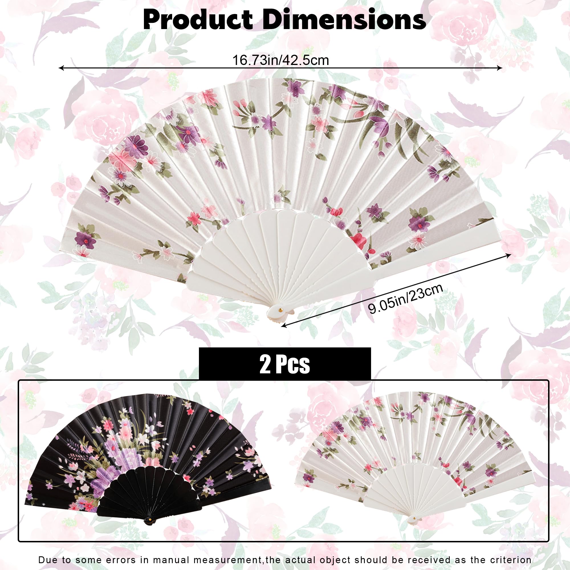 Ysqool 2-Pack Silk Folding Hand Fans,Large Folding Handheld Fans,Black & White Chinese Vintage Flower Silk Foldable Fans for Women Girls Dancing Cosplay Wedding Party Gifts Props Decoration