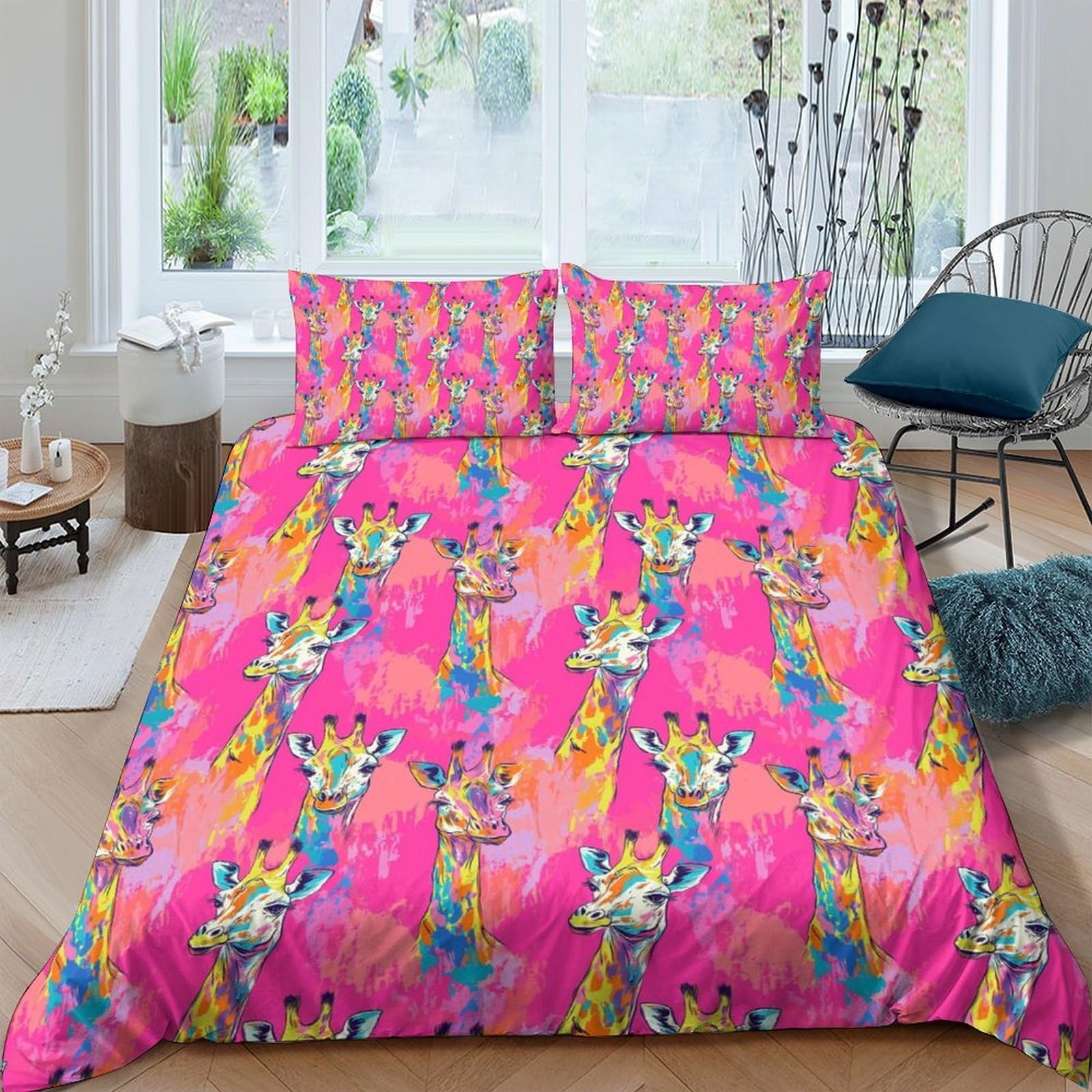 GPLZQXKJNH 3D Printed Colorful Giraffe Duvet Cover Microfiber Soft Breathable Abstract Animal Bedding Set with 2 Pillowcases for Bedroom Decor Single（135x200cm）