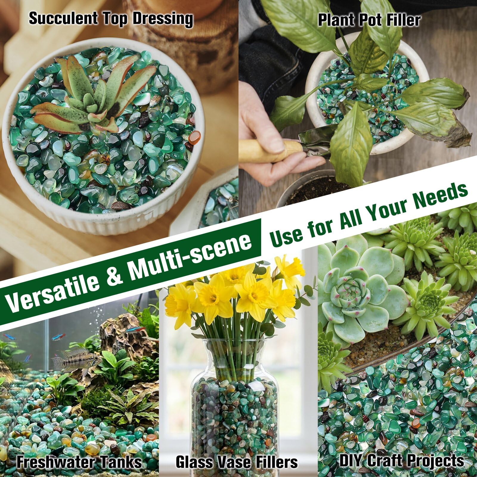 Piedras de ágata verde natural, piedras de grava, piedras ornamentales decorativas, rocas bonsái para plantas suculentas, rellenos de jarrones, acuario, pecera, terrario, jardinería de hadas, 2.2