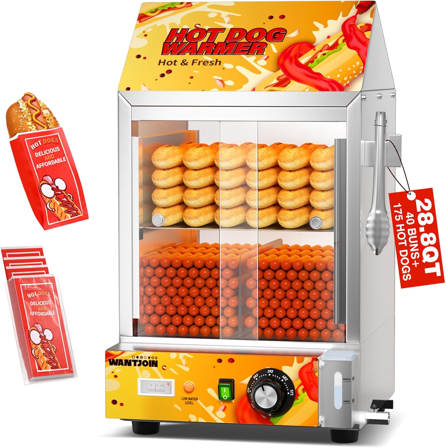 Hot Dog Steamer - 28.8QT/27L Adjustable Temperature Electric Hot Dog Steamer with Bun Warmer