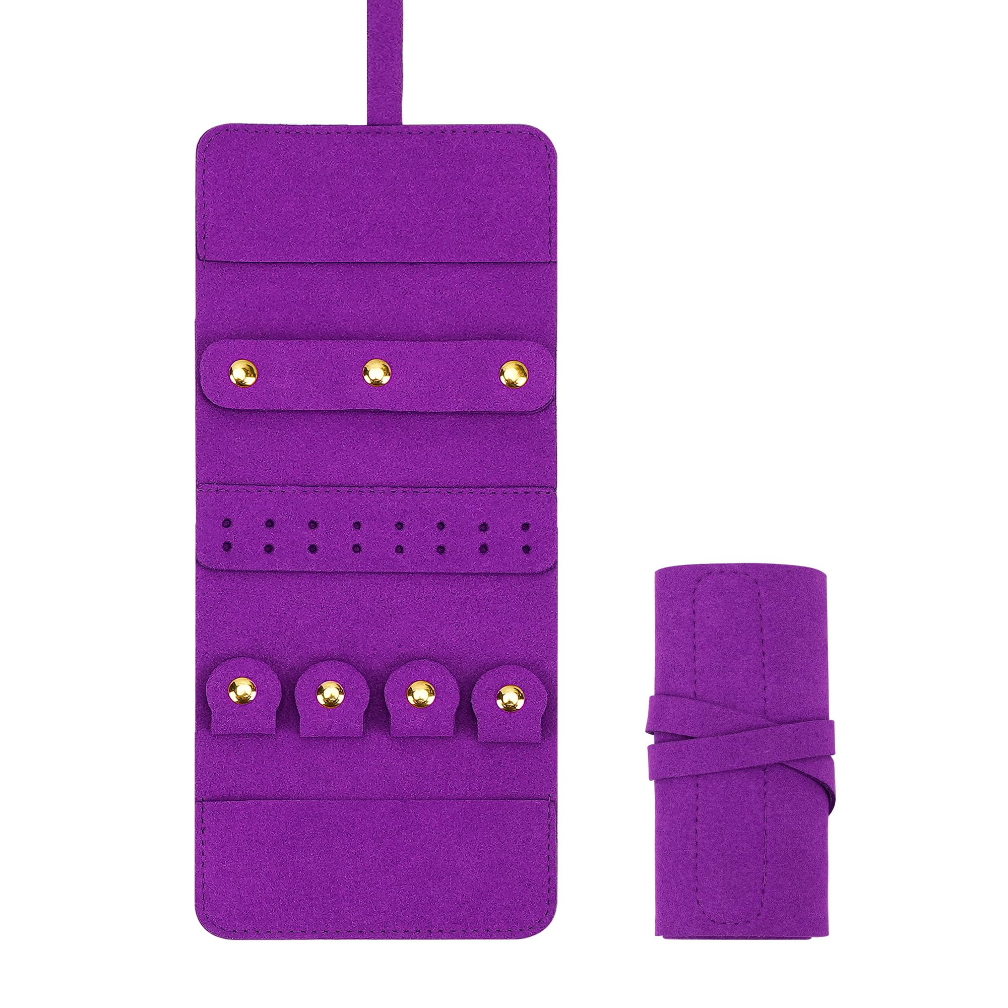 JANKOW Multi-Functional Portable Jewelry Roll, Small Travel Jewelry Organizer Roll Bag, Jewelry storage roll for Earrings, Rings, Necklaces, Bracelets (Purple)