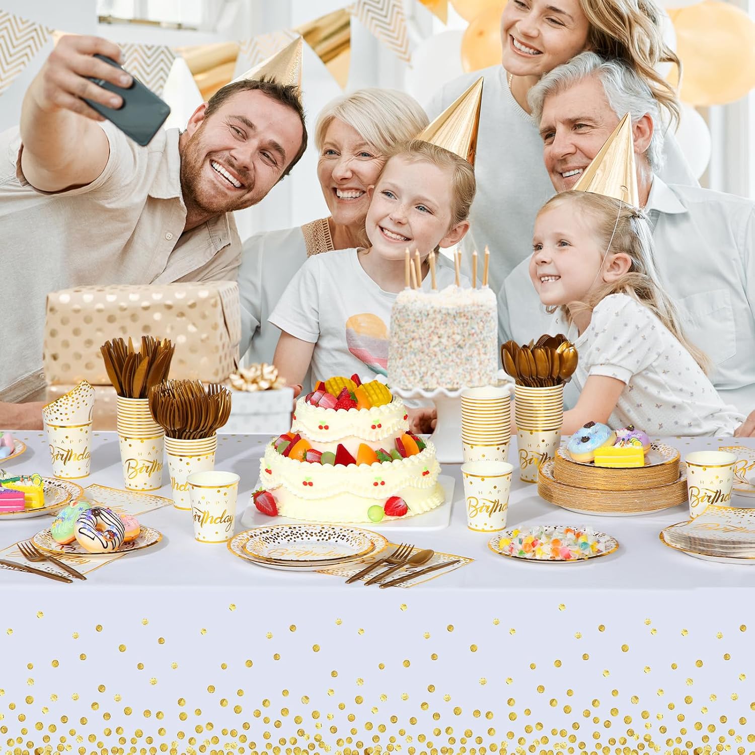 Nosiny 352 Pcs White and Gold Party Supplies Gold Dot Plastic Plates Cups Napkins Tablecloths Forks Knives Spoons Disposable Party Dinnerware Set Serve 50 Guests for Birthday Wedding Decorations