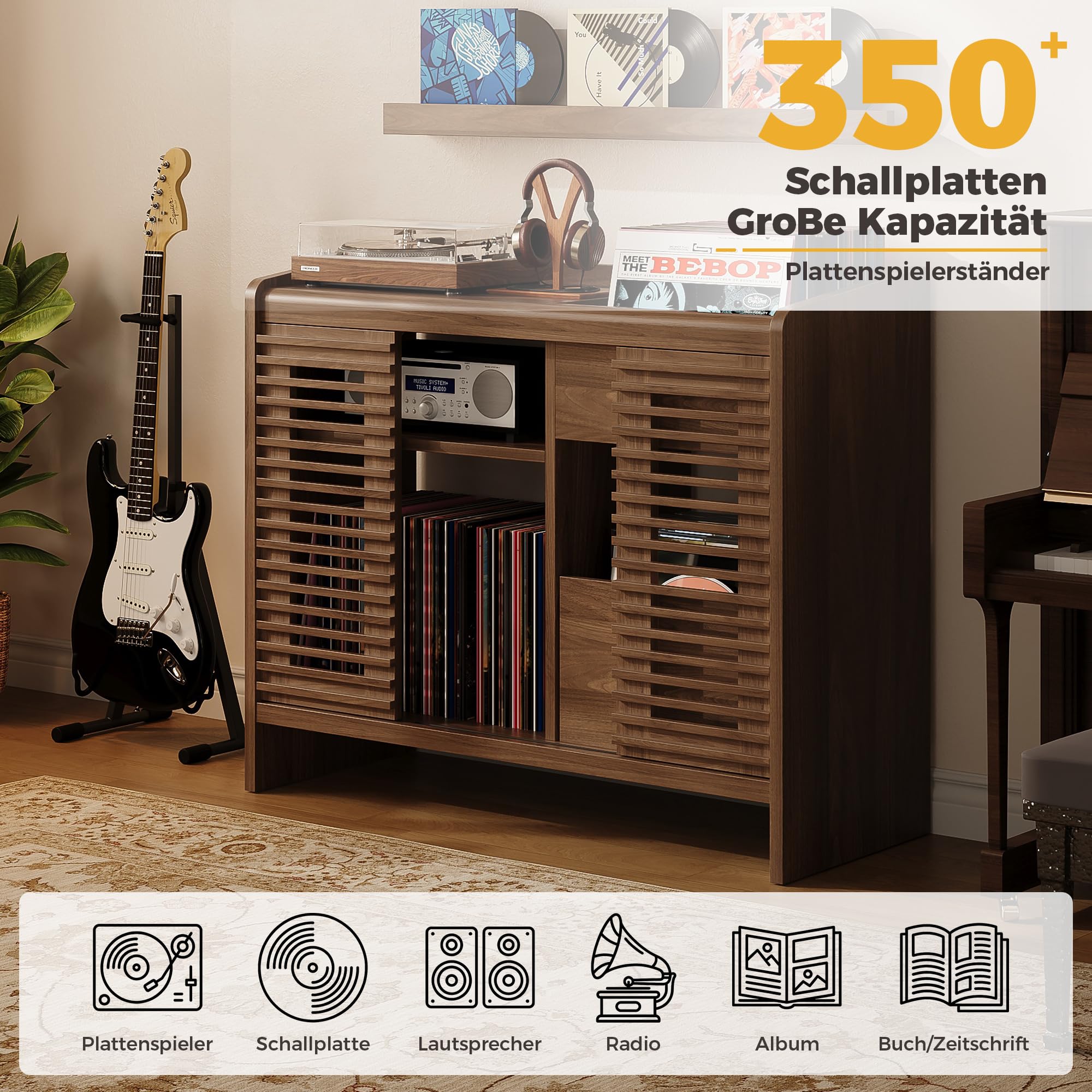 IRONCK Vinyl Plattenspieler Regal mit Schallplatten Wandhalterung, Schallplattenständer Schallplatten Aufbewahrung up to 350 Albums mit Ladestecker, für Wohn- und Schlafzimmer,Retro Walnussbraun