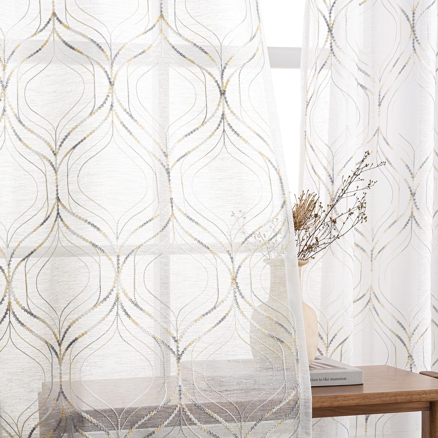 MIULEE Cortinas Transparentes Bordadas con Ojales, con Estampado de Rombos, para Dormitorio y salón, Moderno Juego de Cortinas Minimalista de 2 Piezas，225x140 cm, Blanco y Gris