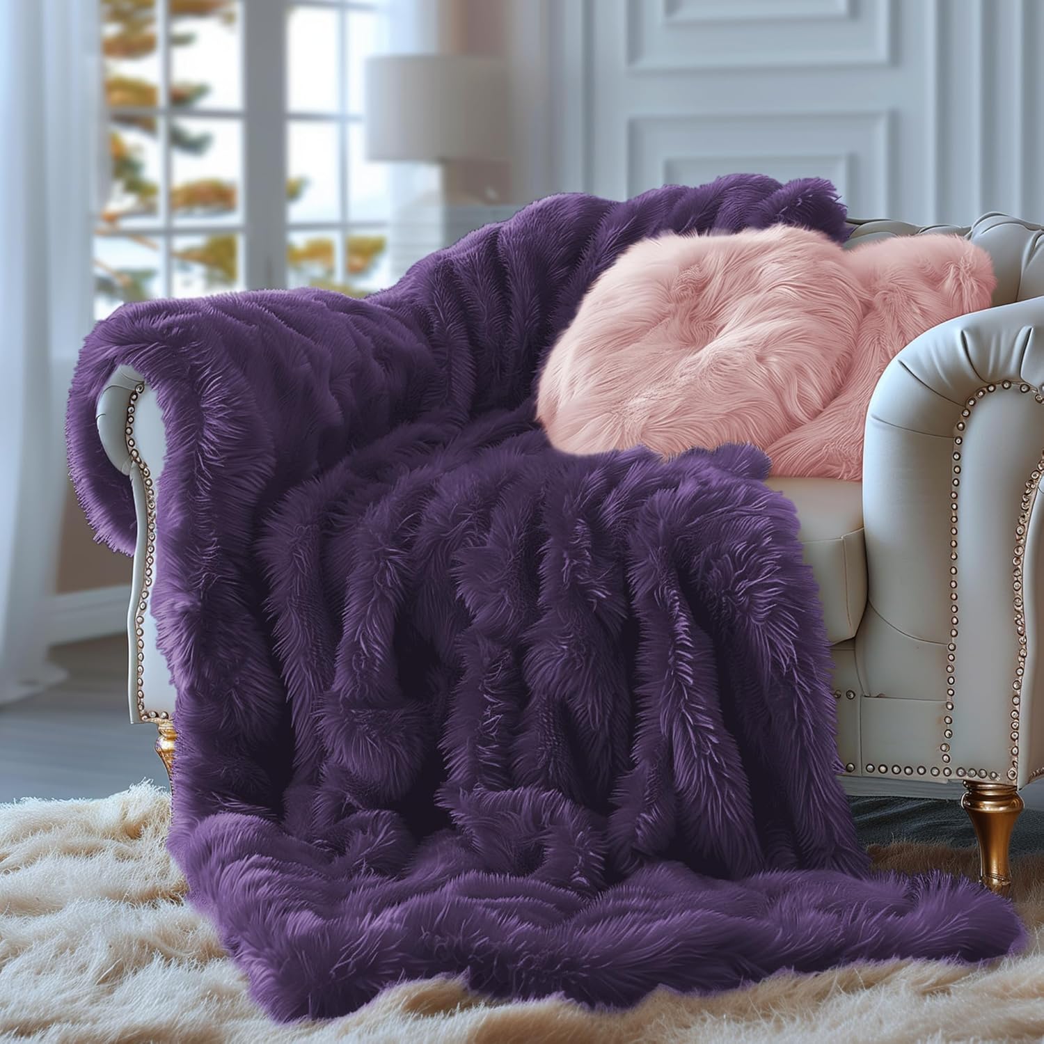 Hyde Lane Purple Fuzzy Throw Blanket, 2 Way Reversible Ultra Soft Long Faux Fur Throws, Shaggy Cozy Fluffy Blankets for Couch Sofa Home Decor, 60x80 - Image 6