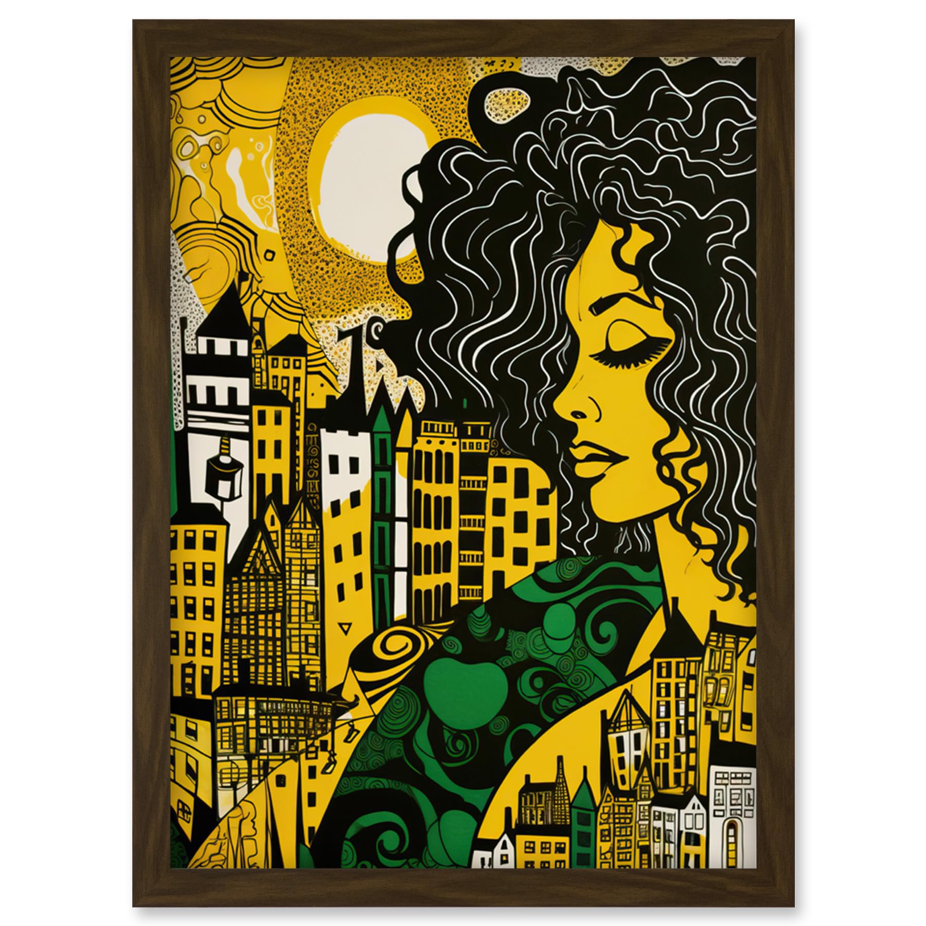 Artery8 Woman and Edinburgh Cityscape Yellow Green Linocut Artwork Framed Wall Art Print A4