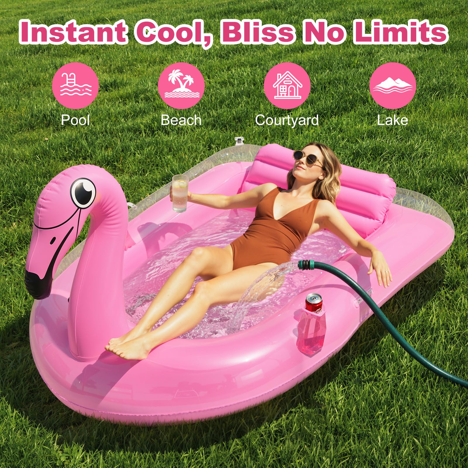 HeySplash Lettino Abbronzante Gonfiabile, Materassino Gonfiabile da Flamingo con Portabicchieri, Cuscino Rimovibile e 2 Maniglie, Galleggiante per Adulti da Piscina, Spiaggia e Giardino