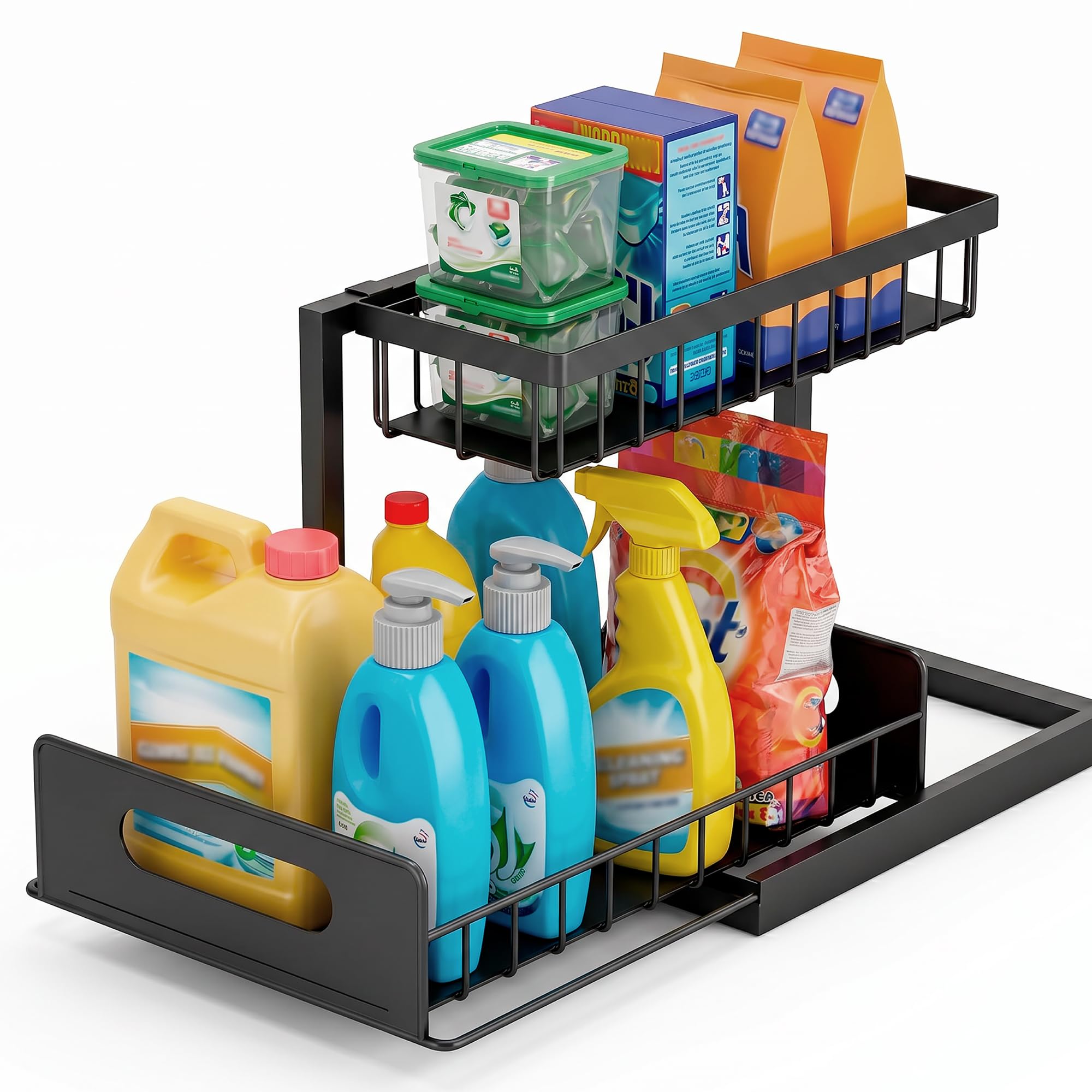 Feyra Organizzatore basso lavello a 2 livelli - Scaffale da cucina in metallo per casa e cucina, stoccaggio e organizzazione, cestini organizzativi con cassetto scorrevole, accessorio da bagno