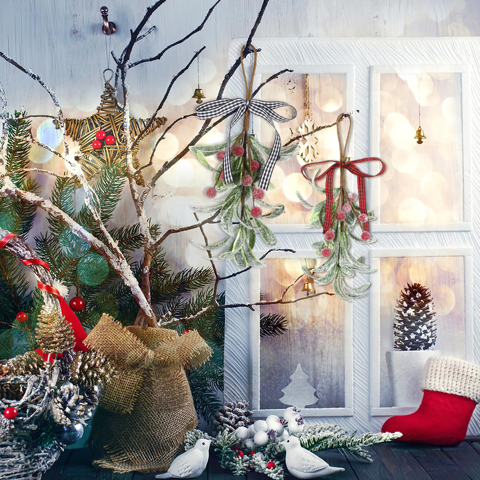 Weihnachts Mistelzweig Deko Mit Schleife - Rote Beeren & Glitzer Für Baum & Tür