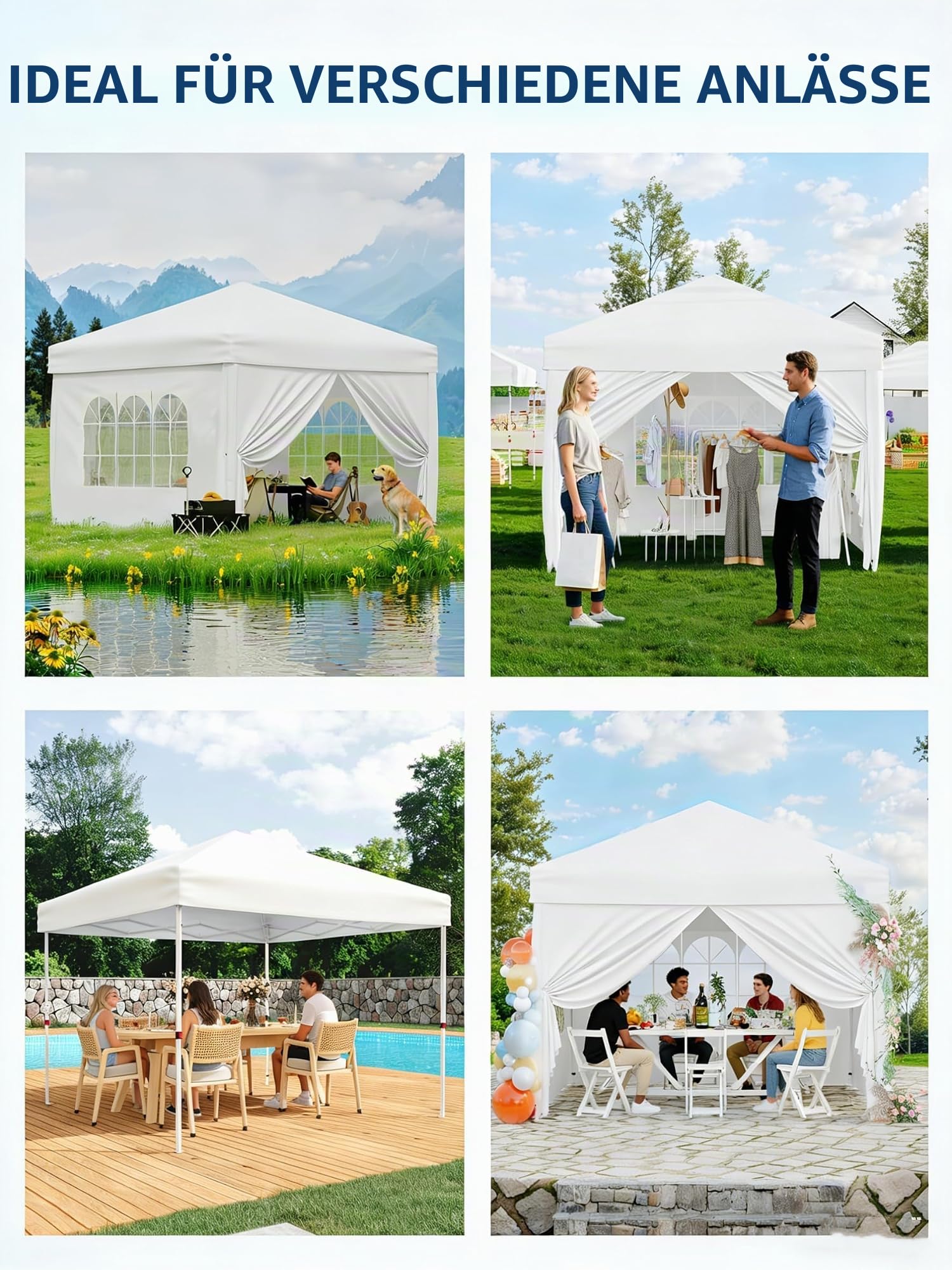 Faltpavillon 3x3m Wasserdicht Stabil,Pop Up Pavillon mit 4 Seitenwände,Weiß | Höhenverstellbar,Abnehmbaren Seitenteilen,UV50+ Sonnenschutz Faltzelt,für Garten,Terrasse,Markt und Party