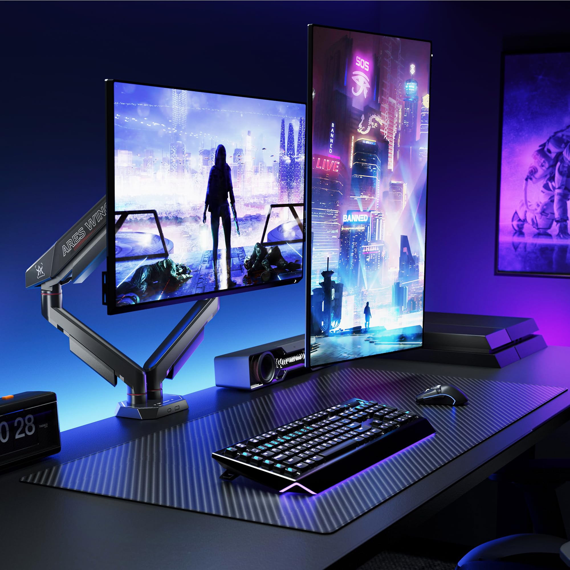 Ares Wing Soporte Monitor Doble 17-35", Brazo Ajustable 12 kg/Arm, Negro | Brazo monitor ergonómico con giro 360°, inclinación, altura ajustable, VESA 75/100mm y gestión de cables