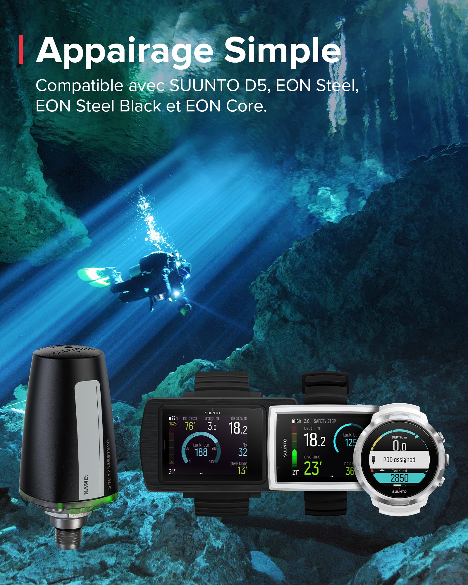 SUUNTO Dive Tank Pod, Émetteur de Pression d'Air Sans Fil pour SUUNTO D5, EON Steel, EON Steel Black et EON Core, Les Principales Informations de Plongée, Très Lisibles à Votre Poignet