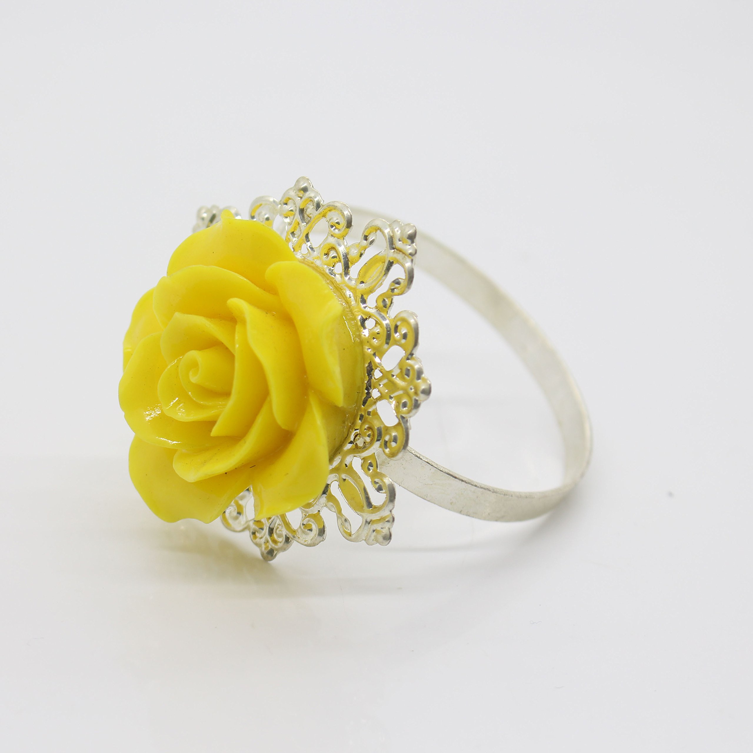 AngHui ShiPin 10pcs Yellow Rose Decorative Silver Napkin Ring Serviette Holder for Wedding Party Dinner Table Decor Many Color Available for Christmas Table