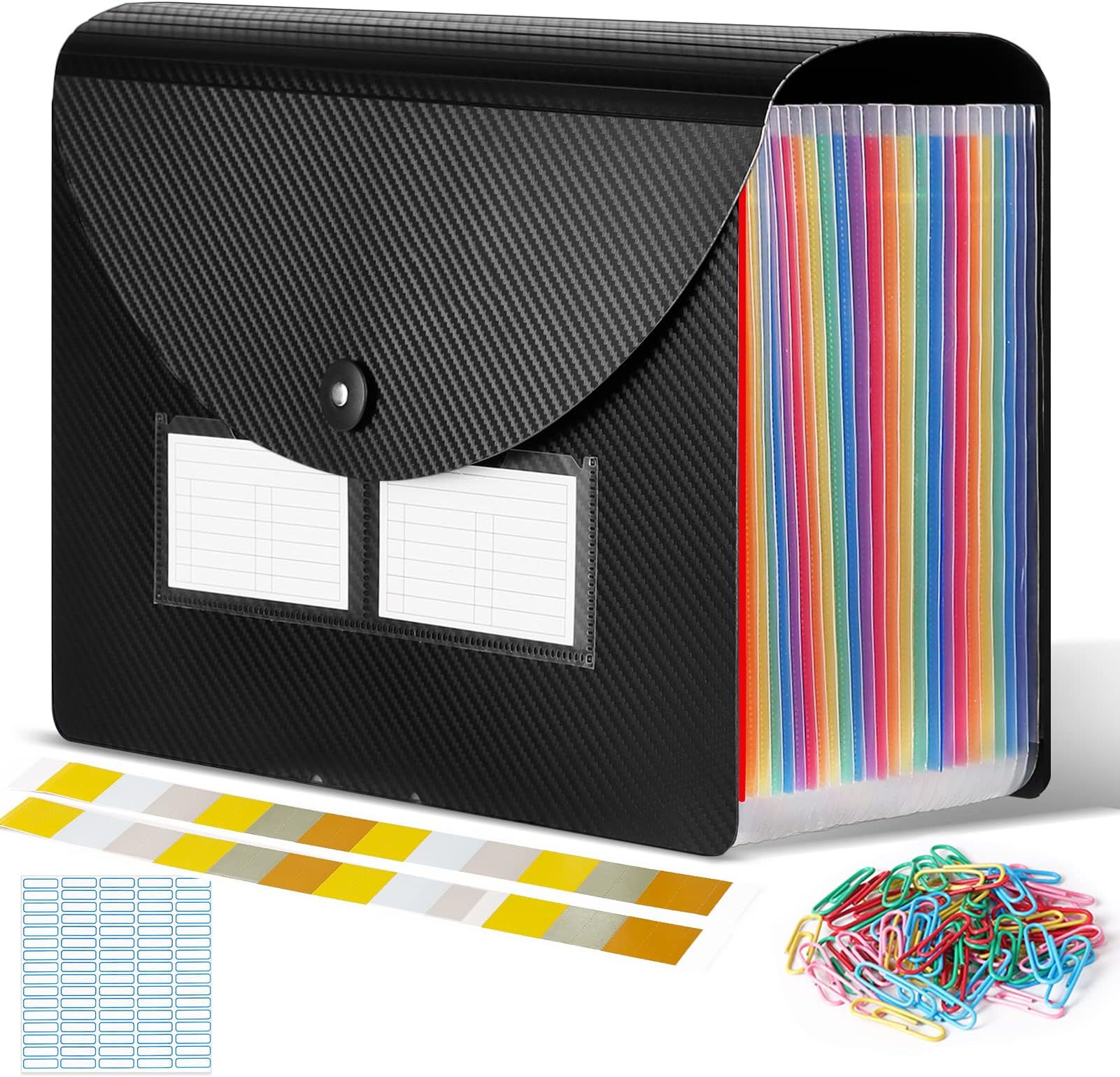 File Organiser, A4 Document Organiser 24 Pockets, Twill Expanding Accordion Filing Folders, File Storage Box with Lid, Labels and Clips