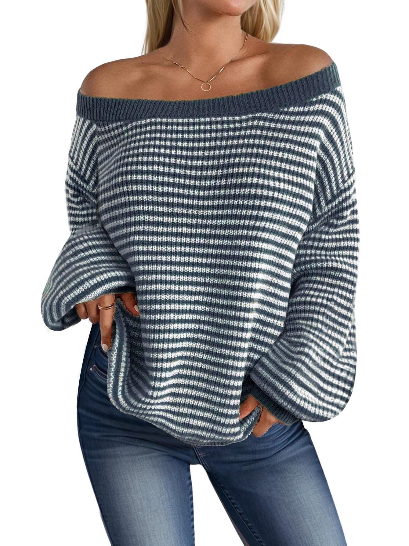 MARZXIN Womens 2025 Fall Long Sleeve Sweaters Casual Loose Striped Off Shoulder Casual Oversized Knitted Sweater Pullovers