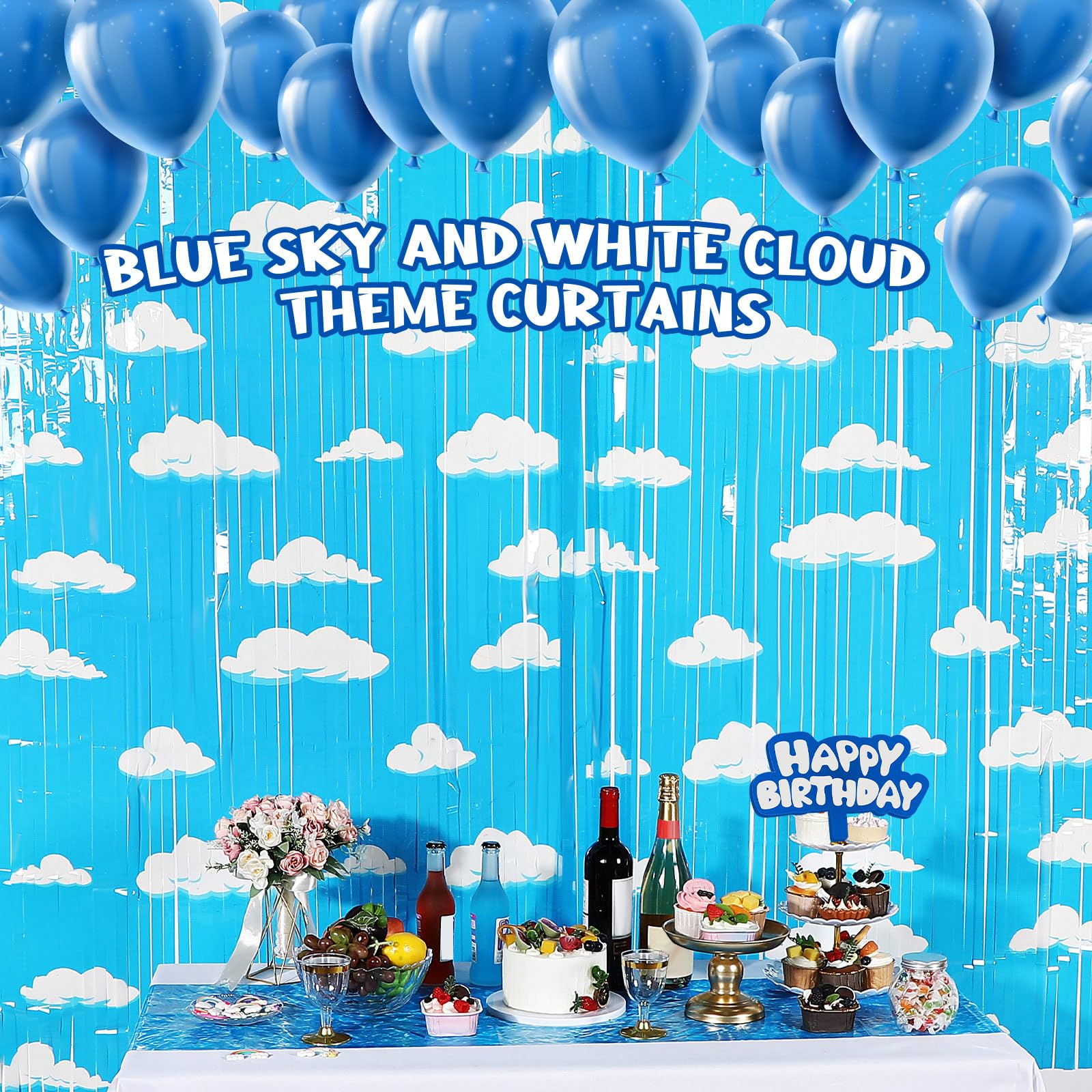 XunYee Paquete de 5 Cortinas de Flecos de Papel de Aluminio con diseño de Nubes Blancas y Cielo Azul, Cortinas de Historias de Dibujos Animados, Decoraciones de Fiesta de cumpleaños para Baby Shower