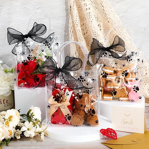 Miniatura 3 de Hosuly 24 bolsas de regalo transparentes con estampado de hueso de pata de perro con asa, bolsa de PVC transparente, bolsas de regalo reutilizables,