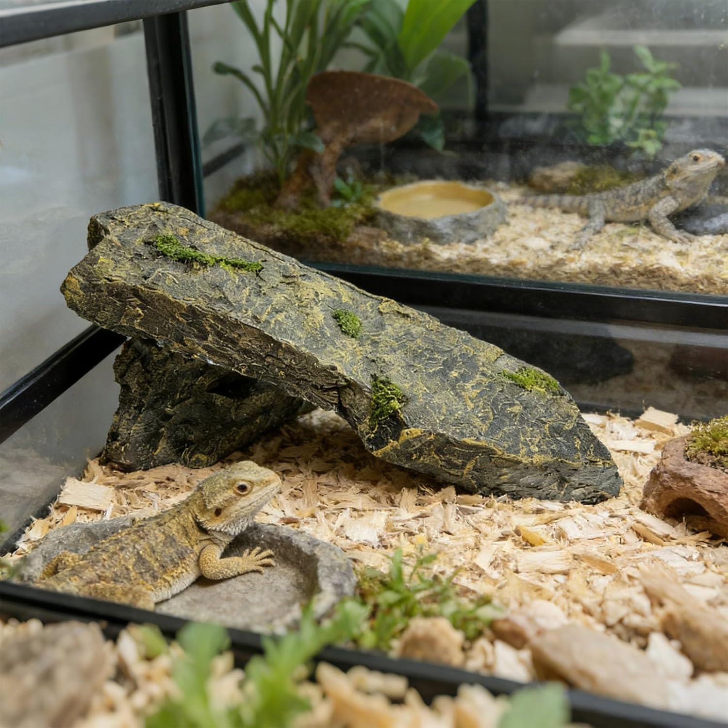 Safe Reptile Habitat, 10.6 in Resin Cave, Reptile Basking Platform, Aquarium Ornament Rock with Flat Top, Gentle Slope, Natural Slate Design for Small Reptiles