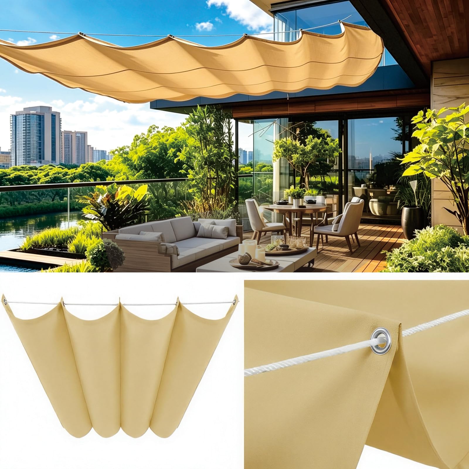 Auvent ondulé 150x715 cm jaune sable en toile PES imperméable