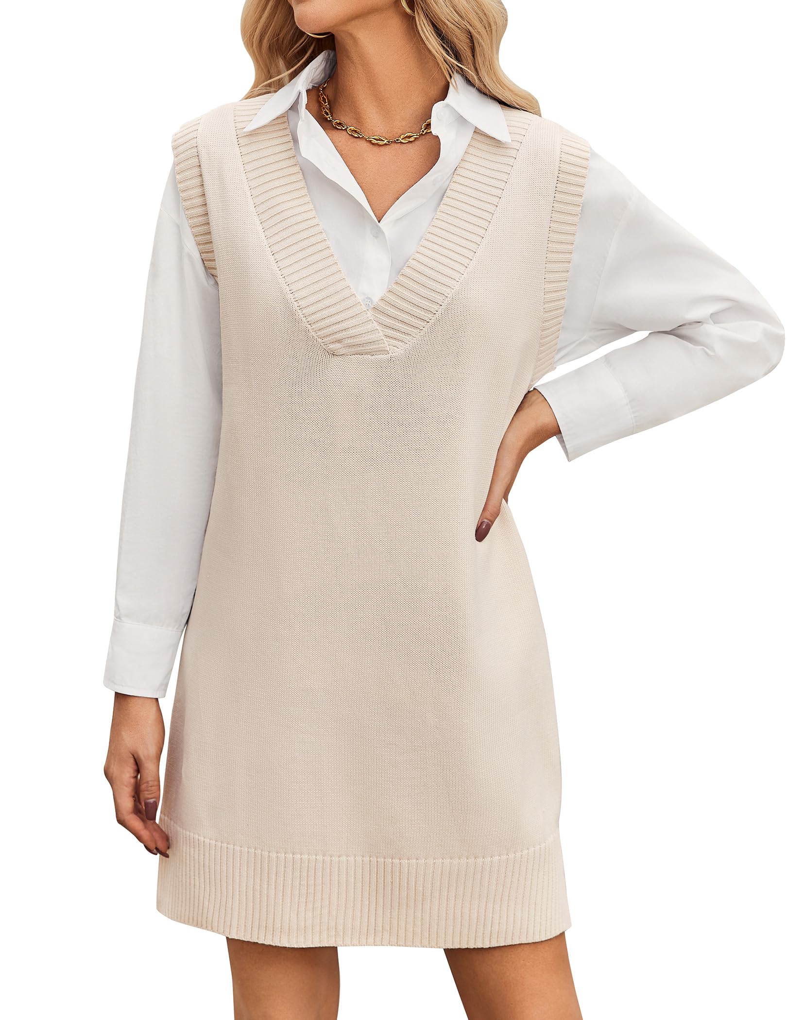 Zeagoo Strickkleid Damen Ärmellos V-Ausschnitt Pullunderkleid Strick Weste Kleid über Bluse Elegant Herbst Winter Outfit Weiches Pulloverkleid Modisches Layering Kleider