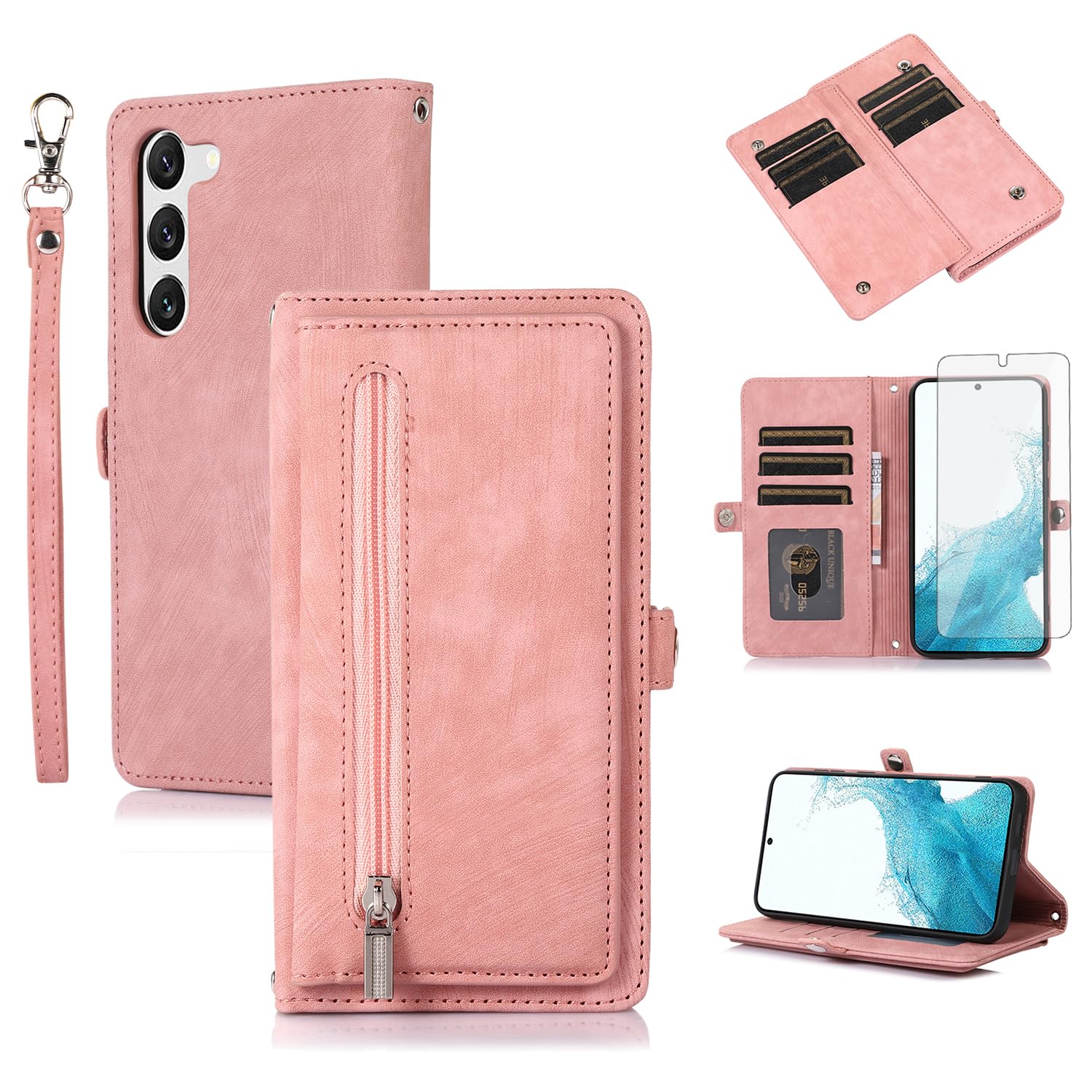 Asuwish Phone Case for Samsung Galaxy S23 5G Wallet Cover with Tempered Glass Screen Protector and Leather Flip Zipper Credit Card Holder Stand Cell S