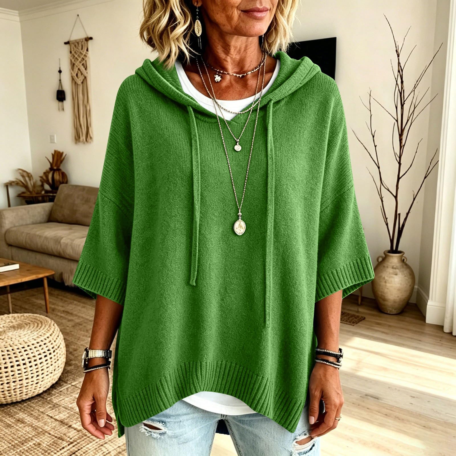 Strickpullover Damen 3/4 Arm Elegant Weichem Herbst Oversize Hoodie
