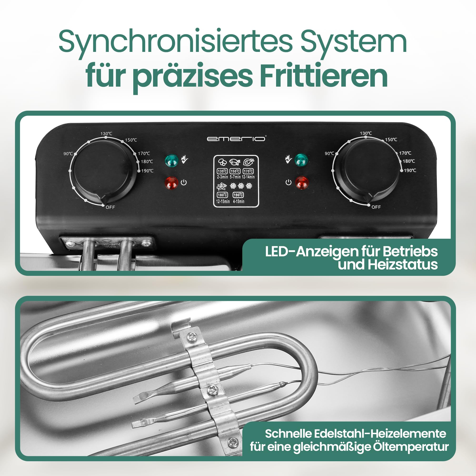EMERIO 2x 3.0L Öl-Fritteuse mit Kaltzonen Technologie | Doppelkammer | Thermostat | kein bitterer Geschmack mehr | 3300 W | Tank aus Edelstahl | PFAS frei | einfache Reinigung | Thermostat | DF-120485