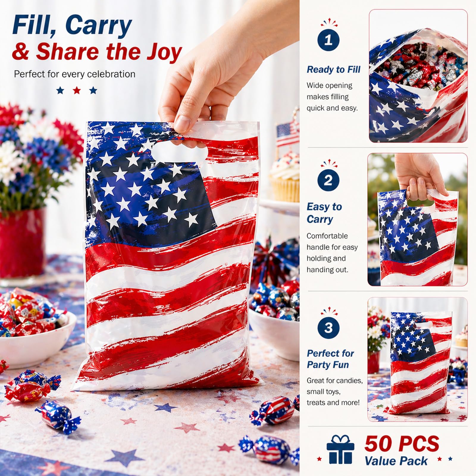 50 Pack American Flag Party Favor Bags, Patriotic Plastic Goodie Treat Gift Bags for 4th of July, Independence Day, Memorial Day, Veterans Day, USA Flag Candy Loot Bags, Patriotic Party Supplies