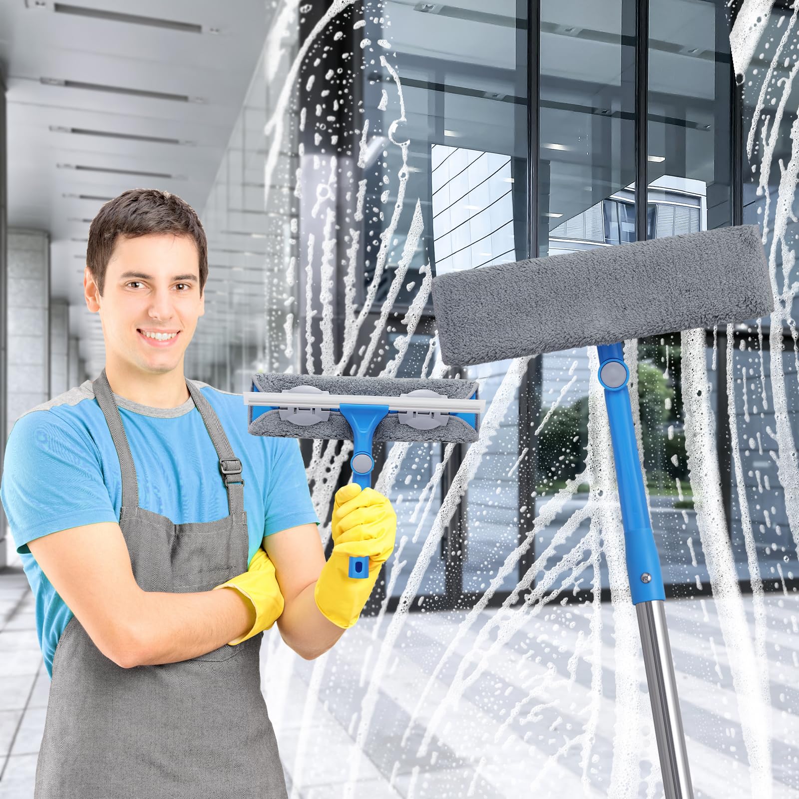 Mitclear 2 en 1 Limpiacristales con Mango Largo(475cm), Limpiador de Ventanas con Escobilla de Silicona y Paño de Microfibra, Kit de Limpieza de Ventanas para Coche, Ventanas Altas, Interior/Exterior