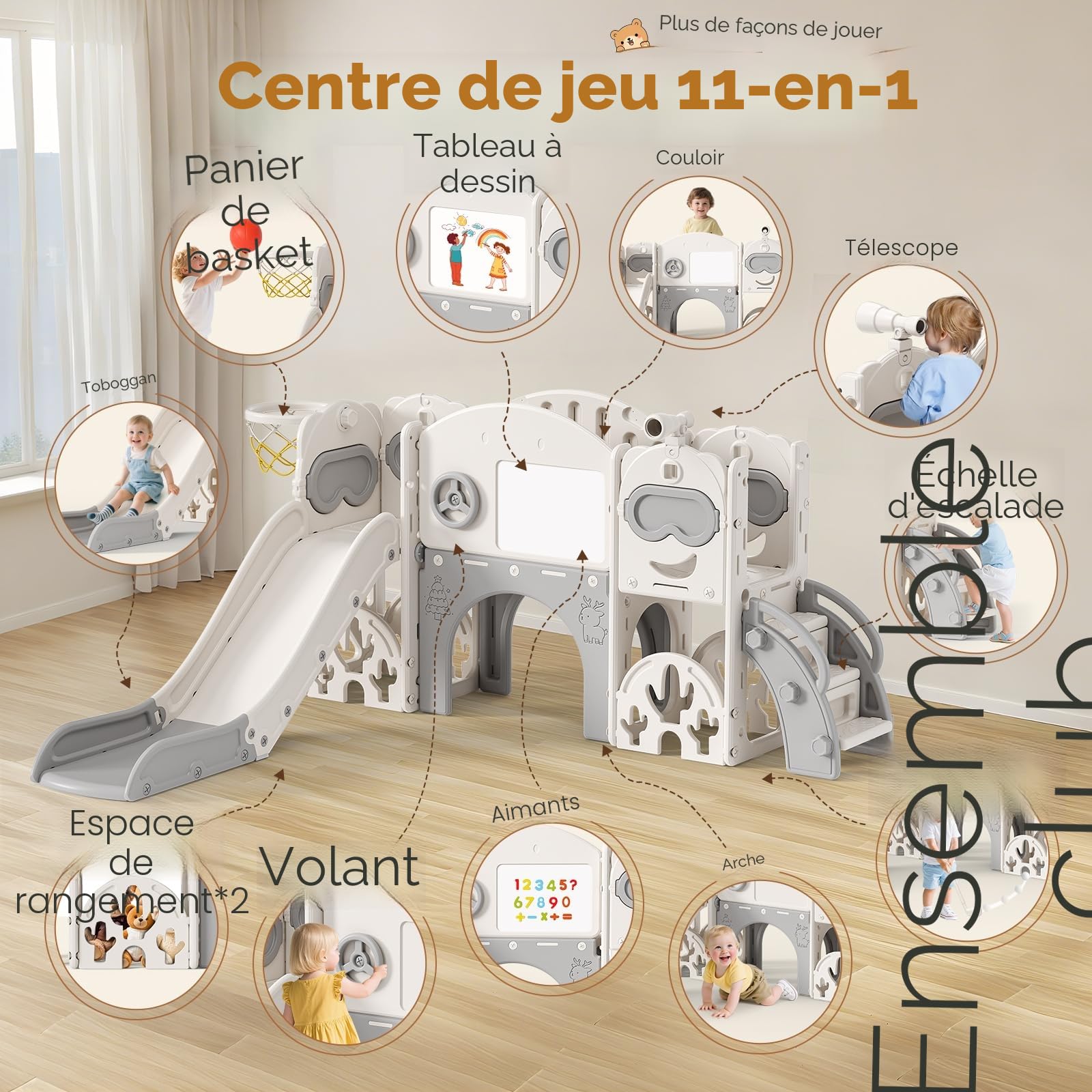 Toboggan 11 en 1 pour tout-petits, toboggan d'intérieur et d'extérieur avec panier de basket, golf, jumelles et espace de rangement, échafaudage sport autoportant pour enfants de 1 à 6 ans (toboggy