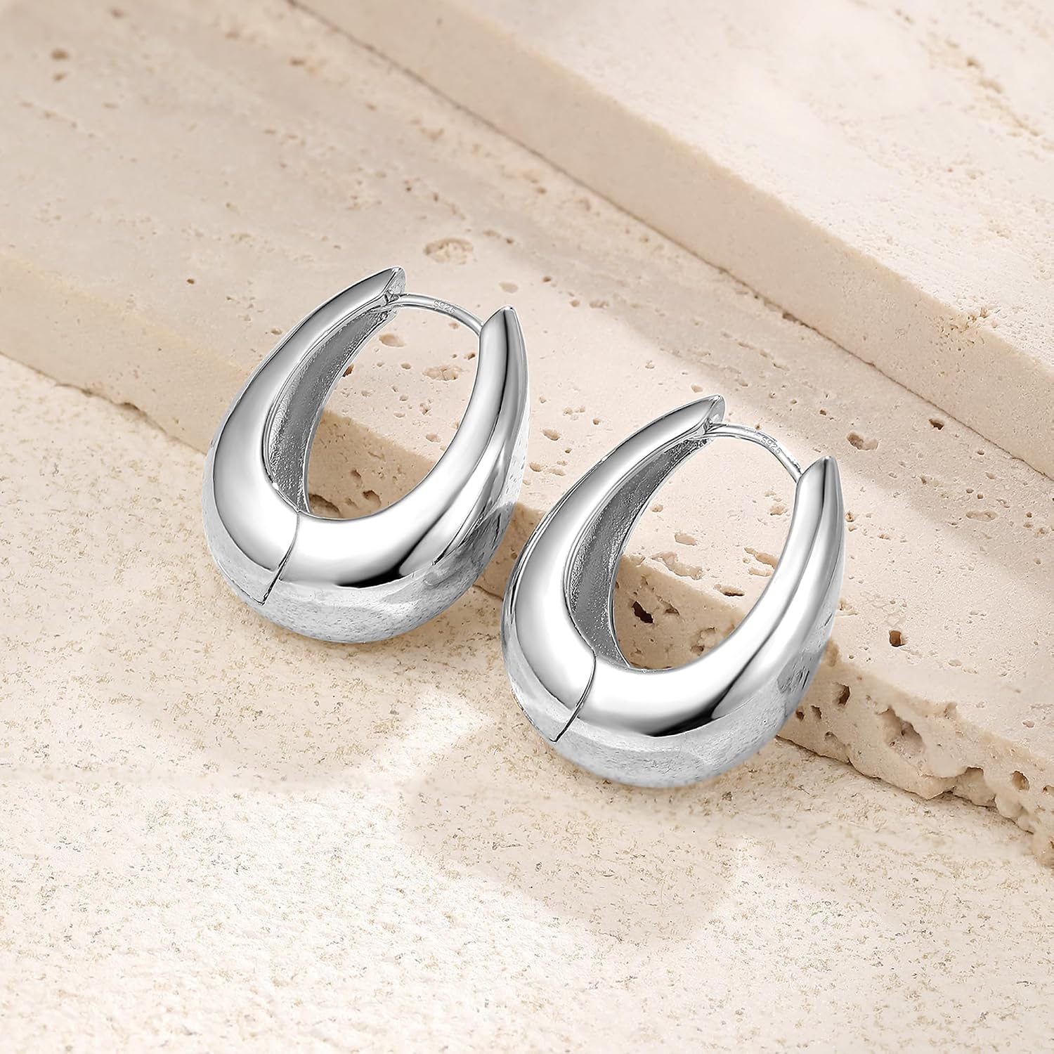 Trendy Small Chunky Hoops Teardrop Huggie Earrings for Women | 925 Sterling Silver Post, 14k Gold or Silver Plated, Hypoallergenic, Oval Thick Hoop Earrings for Women