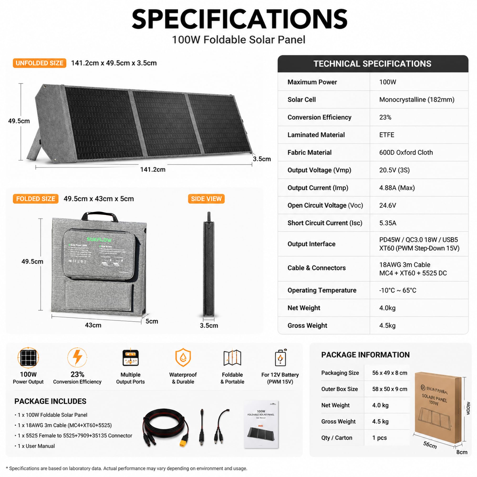 Panel solar plegable portátil de 100 W, 23 % de alta eficiencia, PD45 W USB-C QC3.0 USB-A XT60 puerto CC, cargador solar con soportes dobles para camping, RV, batería de 12 V fuera de la red (100 W