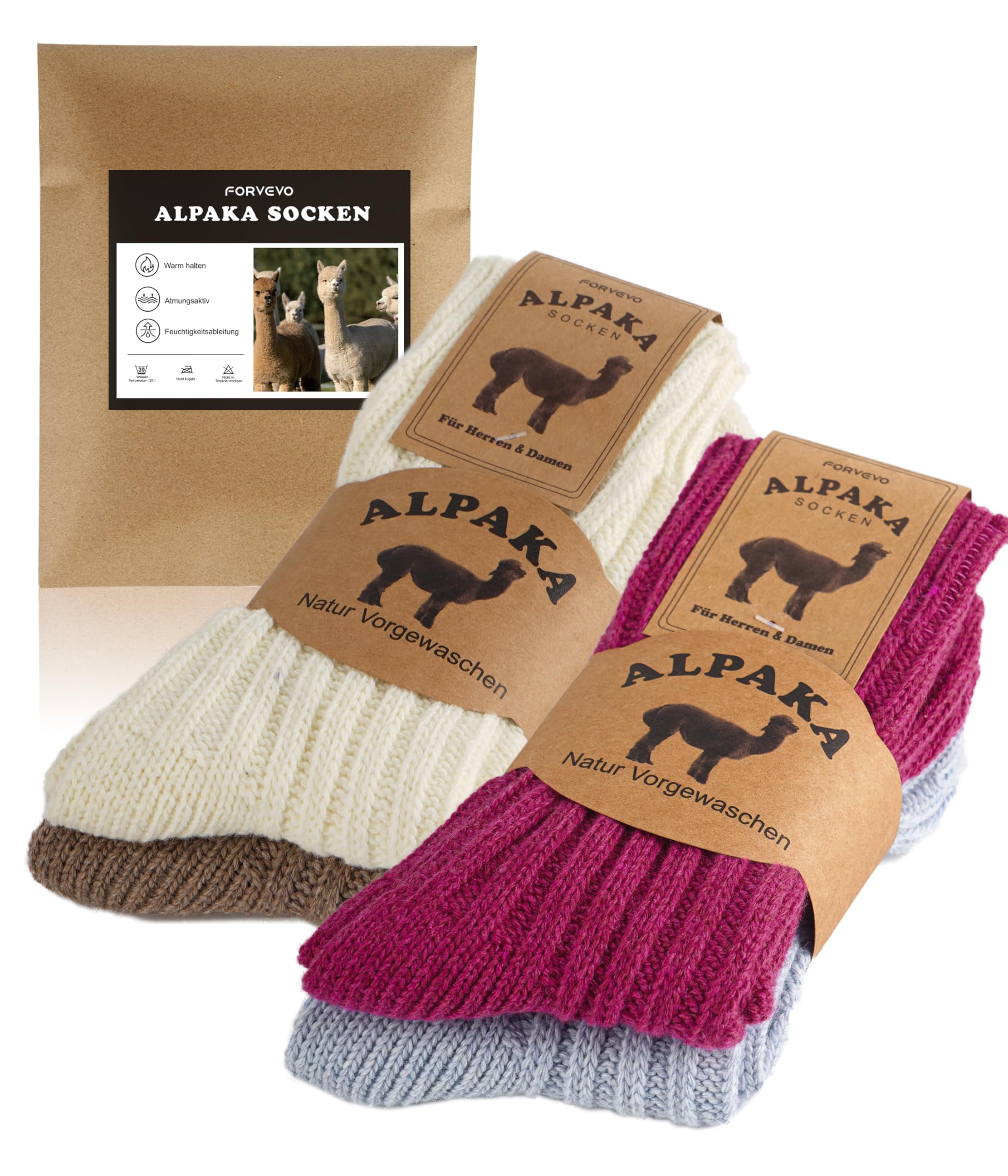 FORVEVO 4 Paar Alpaka Socken, Wollsocken Herren Damen, Warme Wintersocken mit Alpakawolle, Thermo Flauschig Stricksocken für Kaltes Wetter