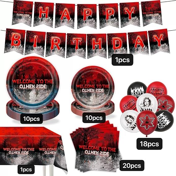 Stranger Birthday Balloons Party Plates and Napkins,Happy Birthday Banner,Stranger Party Decorations for Funny Spooky Theme Tableware Favours (1)