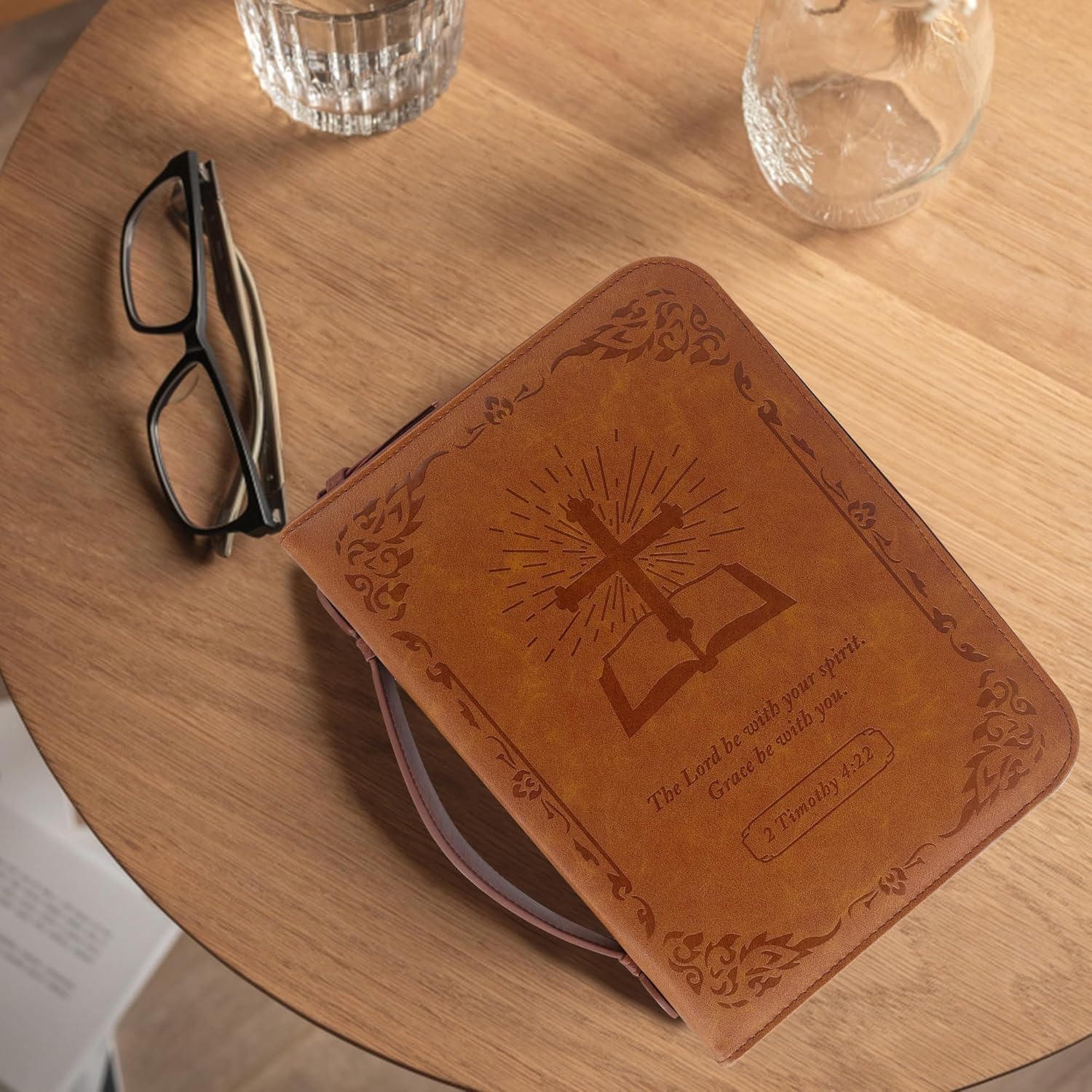 GraduatePro Bible Cover Case, Psalm 46:10, PU Leather Zippered Bag with Carrying Handle, Large Size Vintage Brown - Image 6