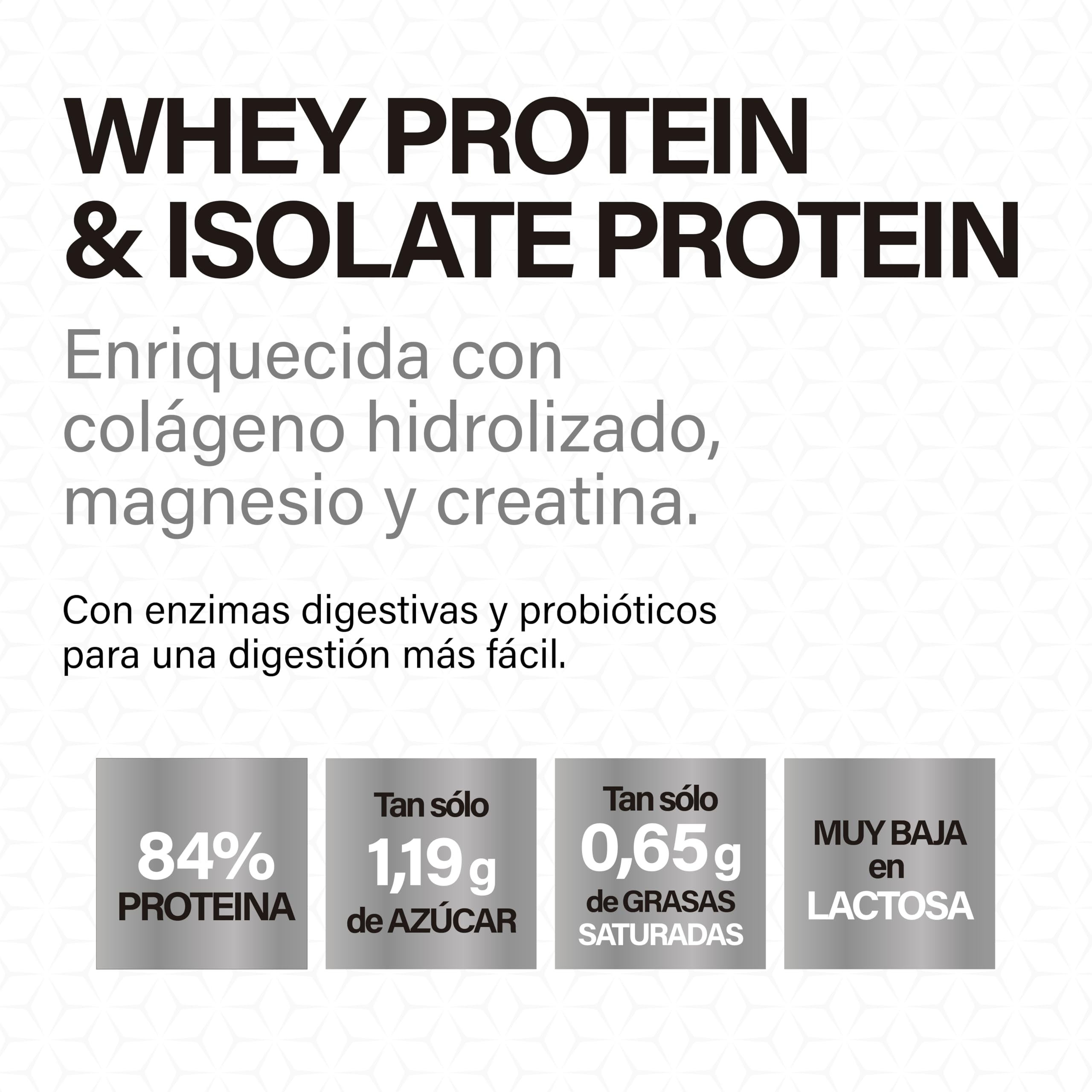 Pure Whey Isolate 84% proteína+Colágeno hidrolizado+Creatina+Glutamina Con probióticos y enzimas digestivas Baja en lactosa y azúcares Recuperación (Vainilla 900g)