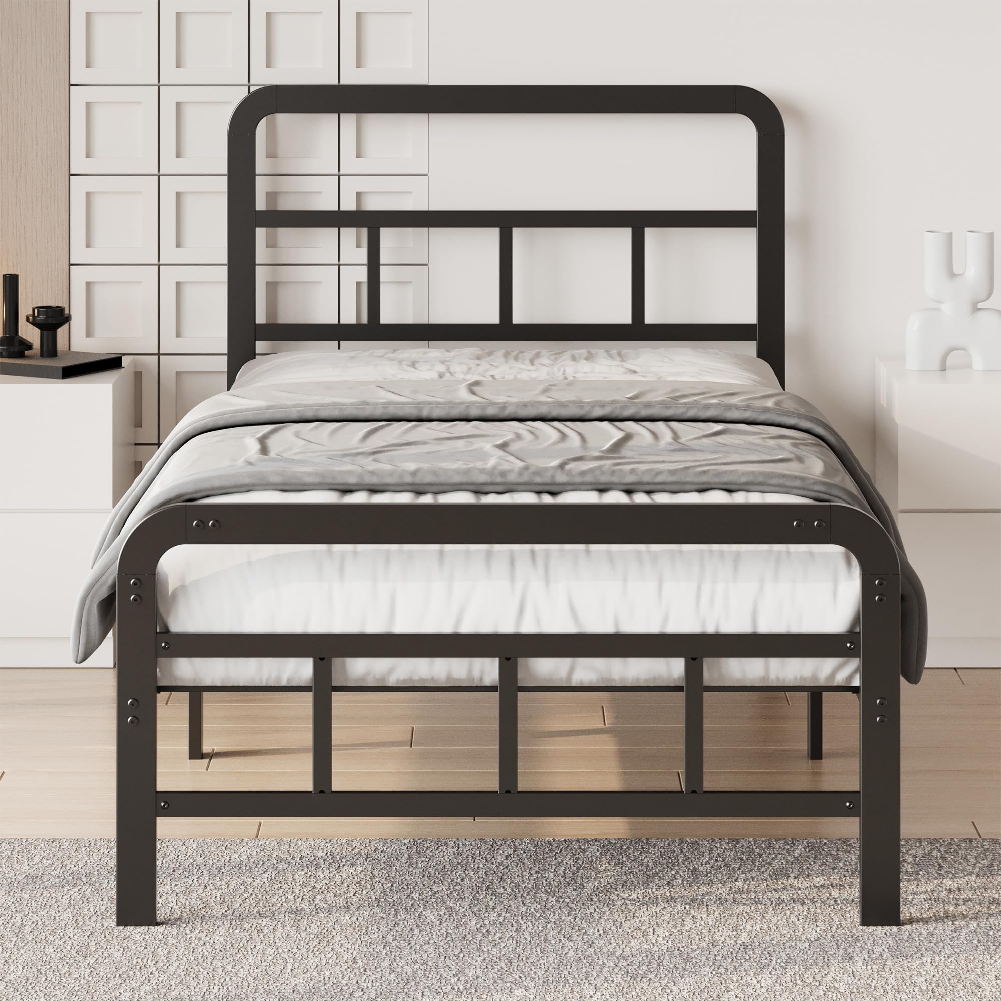 12 Inch Twin XL Bed Frames with Headboard and Footboard, No Box Spring Needed, Heavy Duty Metal Mattress Foundation, Noise Free, Easy Assembly, Black