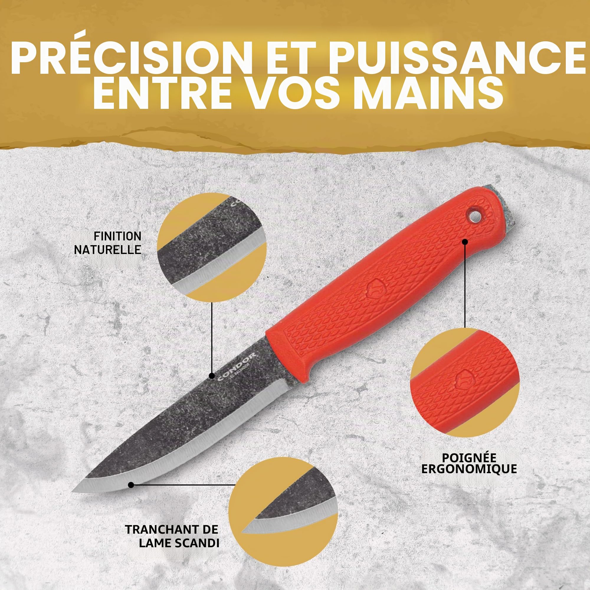 Condor Couteau Bushcraft Terrasaure Orange - Acier à haute teneur en carbone 1095 - Lame fixe Scandinave - Gaine en polypropylène résistant aux chocs