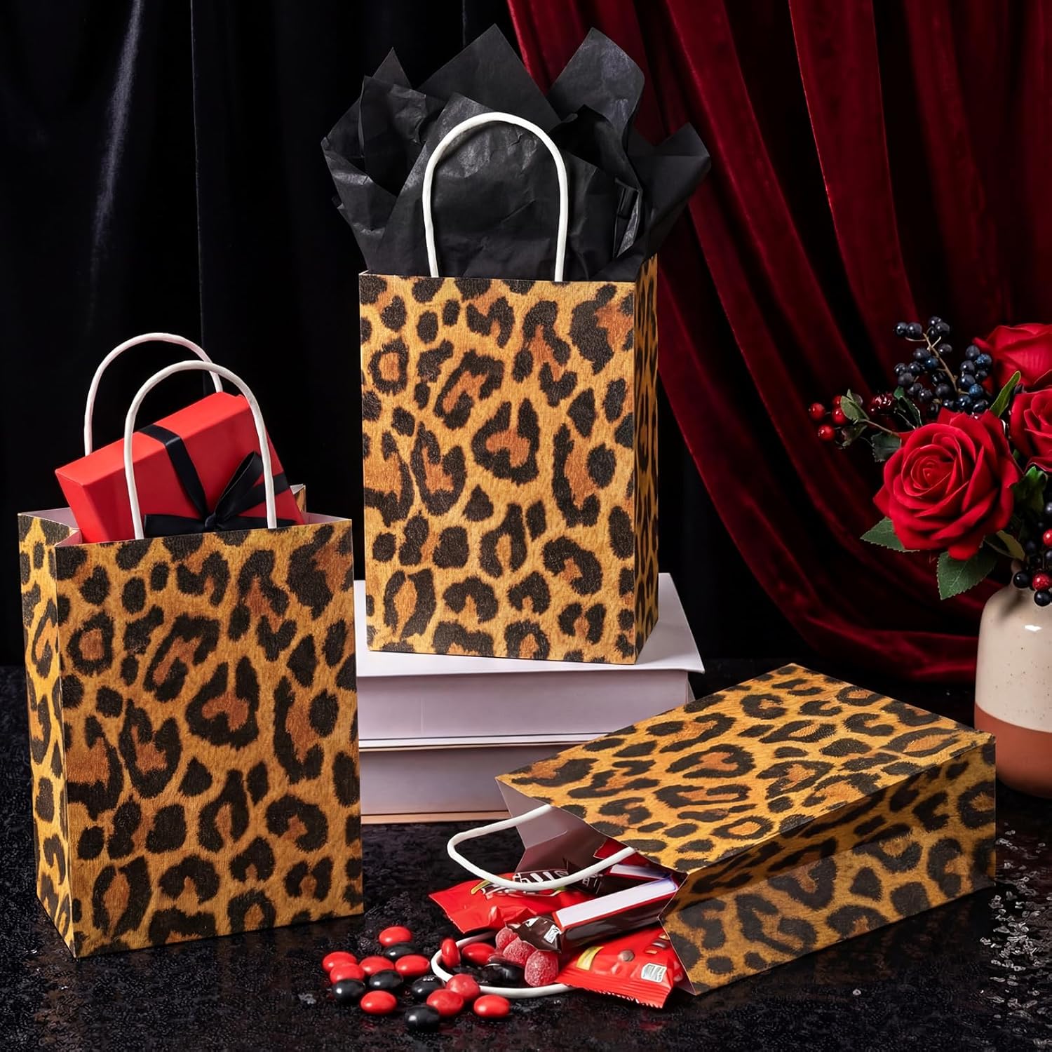 Sepamoon 30 Pcs Cheetah Print Gift Bags with Black Tissue 8 x 6 x 3 Inch Jungle Safari Party Favor and Handles Leopard Treat Goodie Animal Print Kraft Paper Bags for Party Decoration Supplies