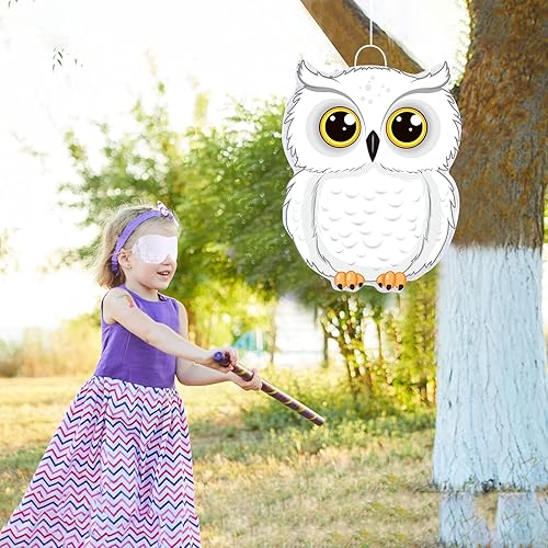 Miniatura 6 de Aoriher Piñata de búho con palito de piñatas para los ojos vendados, confeti 3D blanco nevado de búho juego de piñatas para bosque, bosque, mago,