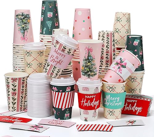 Miniatura 7 de 36 juegos108 tazas de papel de Navidad de 16 onzas desechables para café con tapas y mangas, tazas de café de cacao caliente de Navidad para bebidas