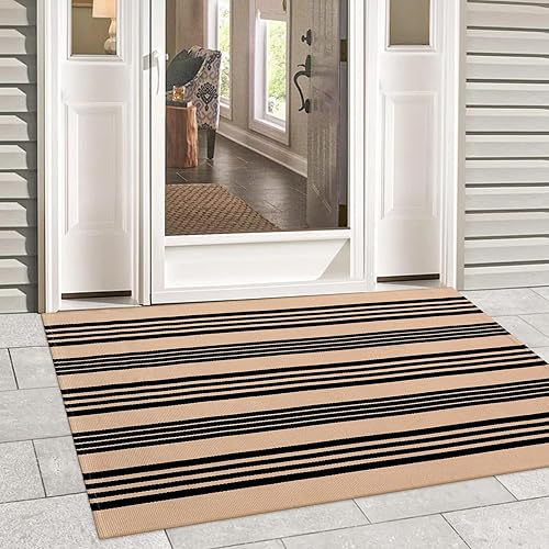 Vista 80 de Alfombra de exterior a rayas blancas y negras, 2 x 3 pies, de algodón, moderna, tejida a mano, reversible, para porche, puerta de bienvenida, 1 tira