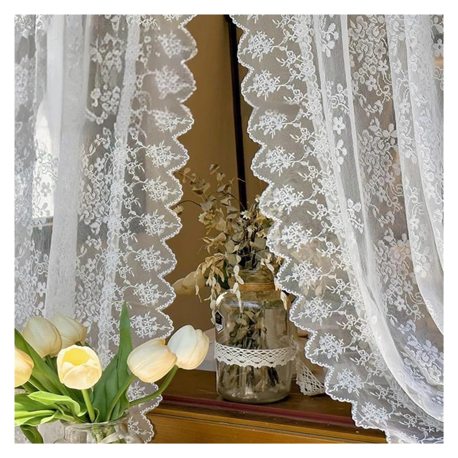 BGHYJKOL Ruffled Curtains Romantic White Lace Translucent Curtains With Ruffled,Small Window Half Curtain Partition Room Blocking Door Drapes(1Piece W100 x H120CM)