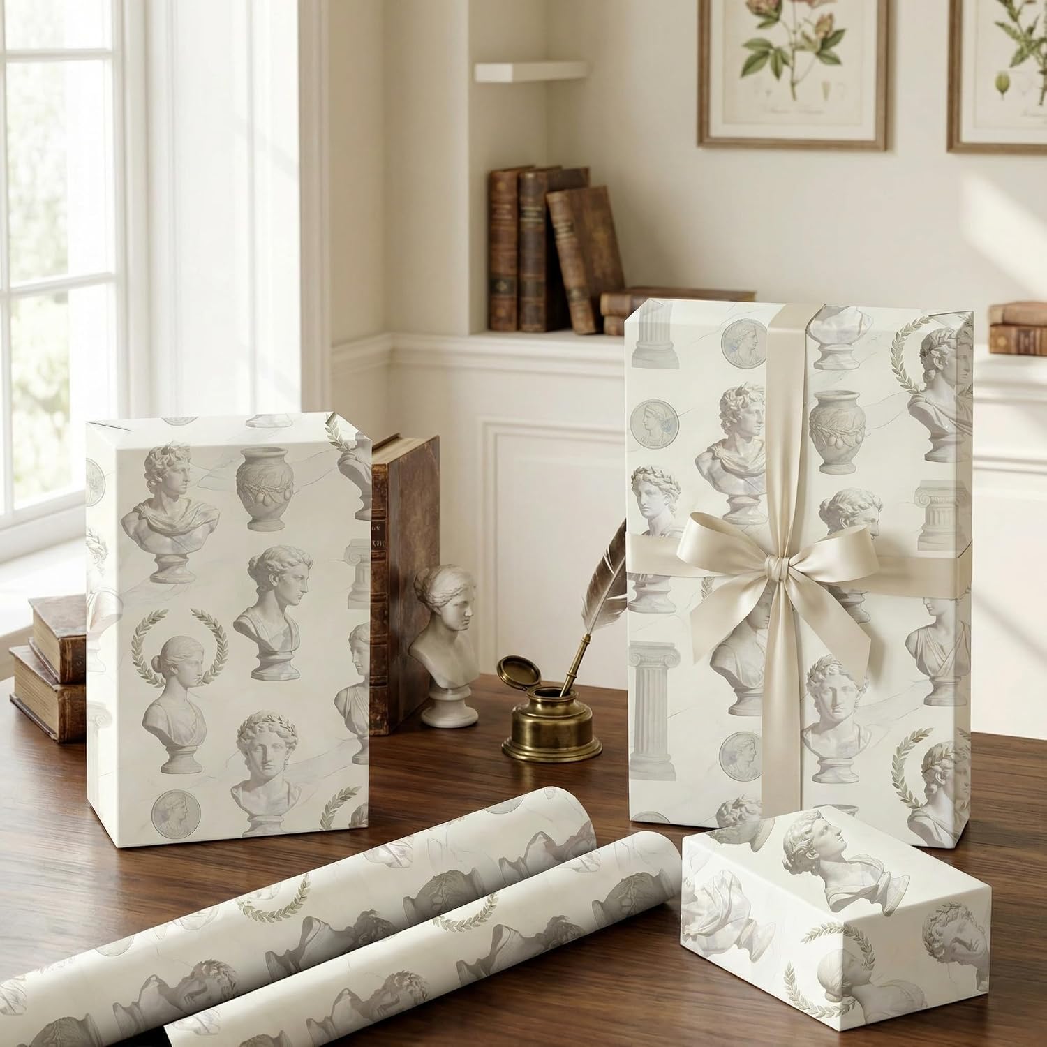 Liobelon Painted Art Wrapping Paper Roll, 17 Inches x 16.4 Feet Vintage Greek Sculpture Gift Wrap, Elegant Marble Statue Wrapping Paper for Art Lovers Birthday, Wedding, Graduation Gifts image 4