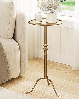 Brass Distressed Iron Round Pedestal End Table, 25 Inch Vintage Martini Cocktail Accent Table with Tray Top for Living Room, Bedroom (Bronze)