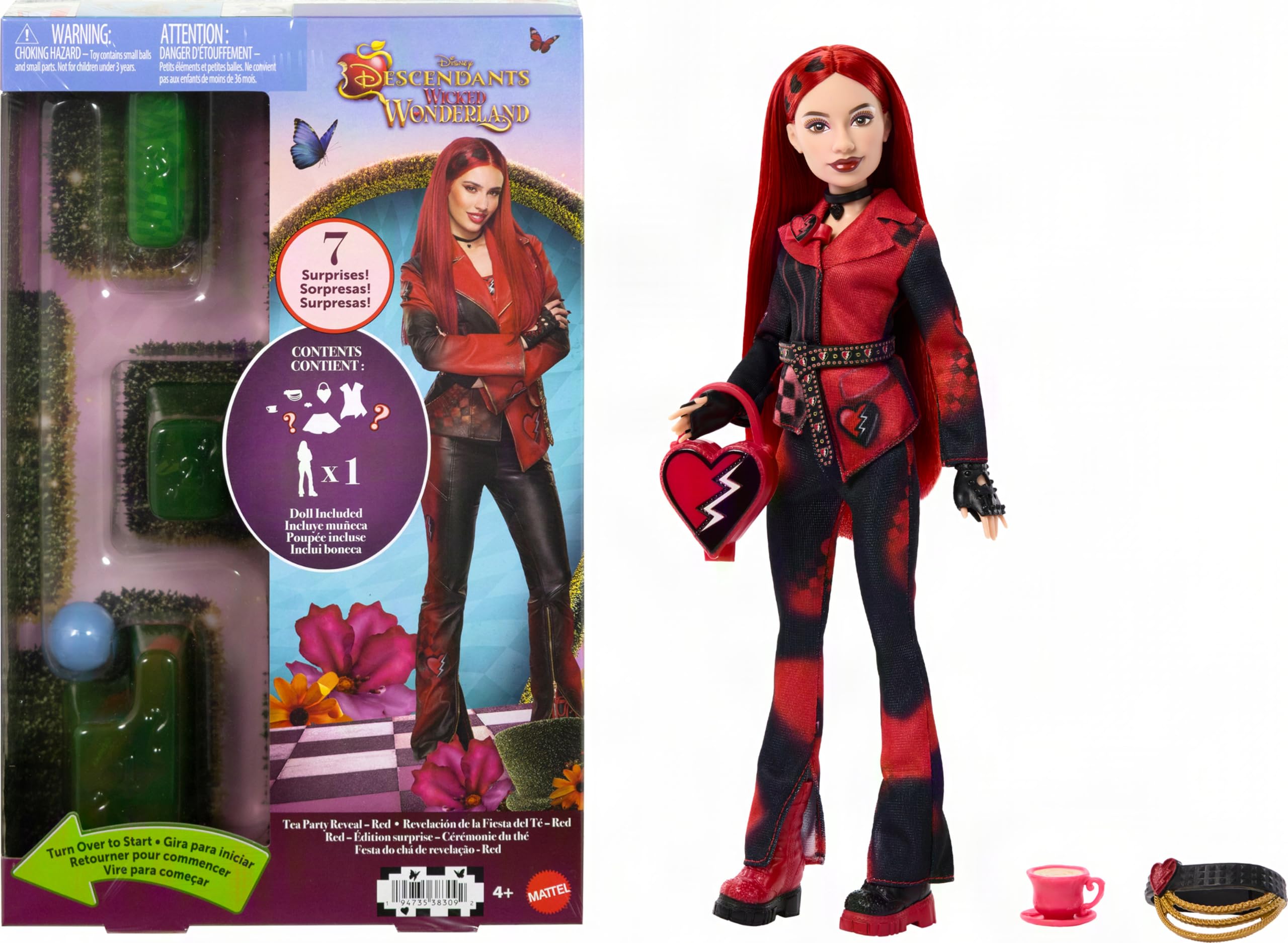 Mattel Disney Descendants - Wicked Wonderland Tea Party Reveal mit 7 Überraschungen, eine rote Modepuppe im Film inspirierte Kleidung & Accessoires