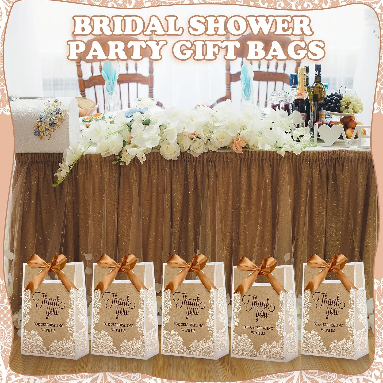 Sweetude 20 Pcs Wedding Gift Bags with Die Cut Handles Lace Thank You for Celebrating with Us Bags 7 x 10 x 3.15 Inch Plastic Wedding Party Favor with Ribbon for Bridal Shower Guests