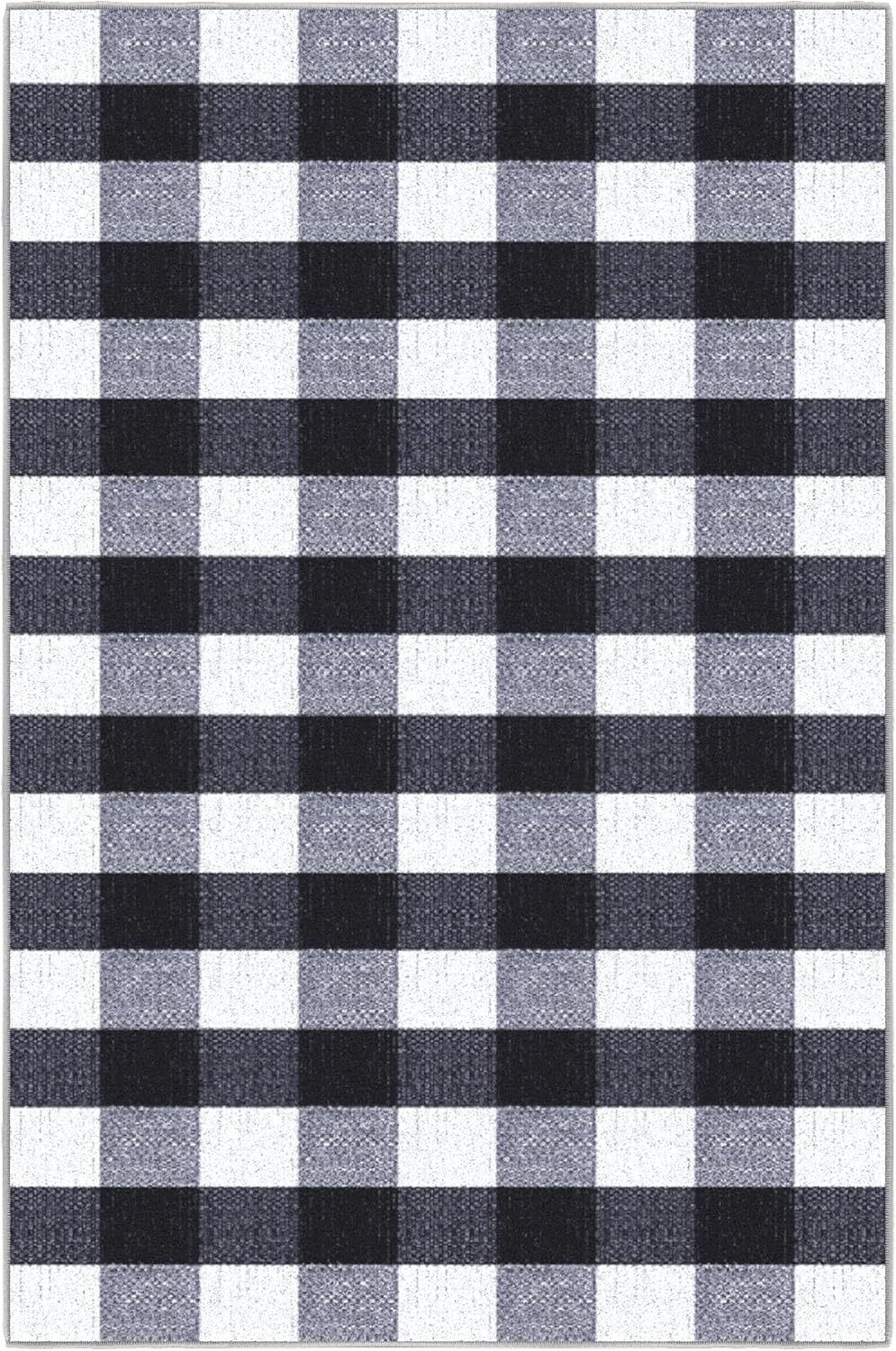 Ottomanson 3'3" x 4'7" Area Rug – Non Slip Low Pile Stain Resistant Accent Rug for Bedroom, Entryway, Bedside, Kitchen & Living Room, Checkered Black/White