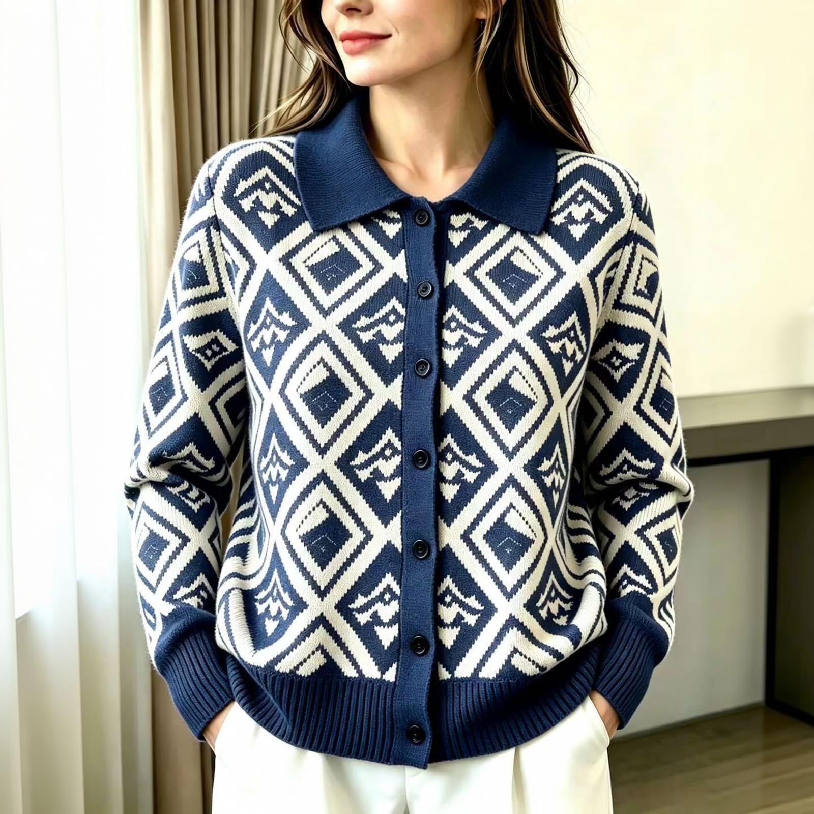Cardigan da donna con colletto, motivo geometrico, abbottonatura, maniche lunghe, casual, invernale, corto, lavorato a maglia grossa