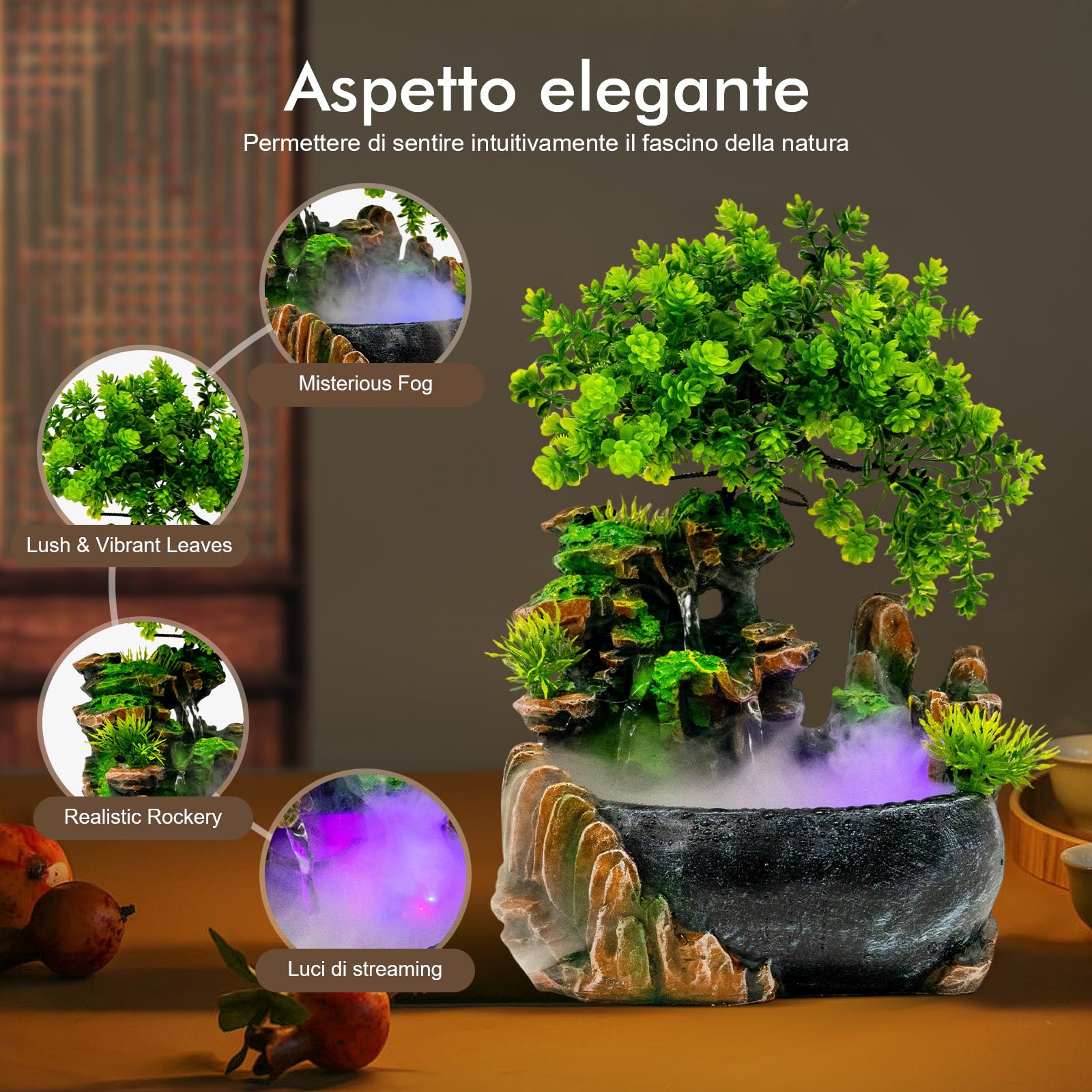 Fontana da scrivania e interni con illuminazione a LED, cascata con nebbia e piante, ideale per soggiorno e ufficio